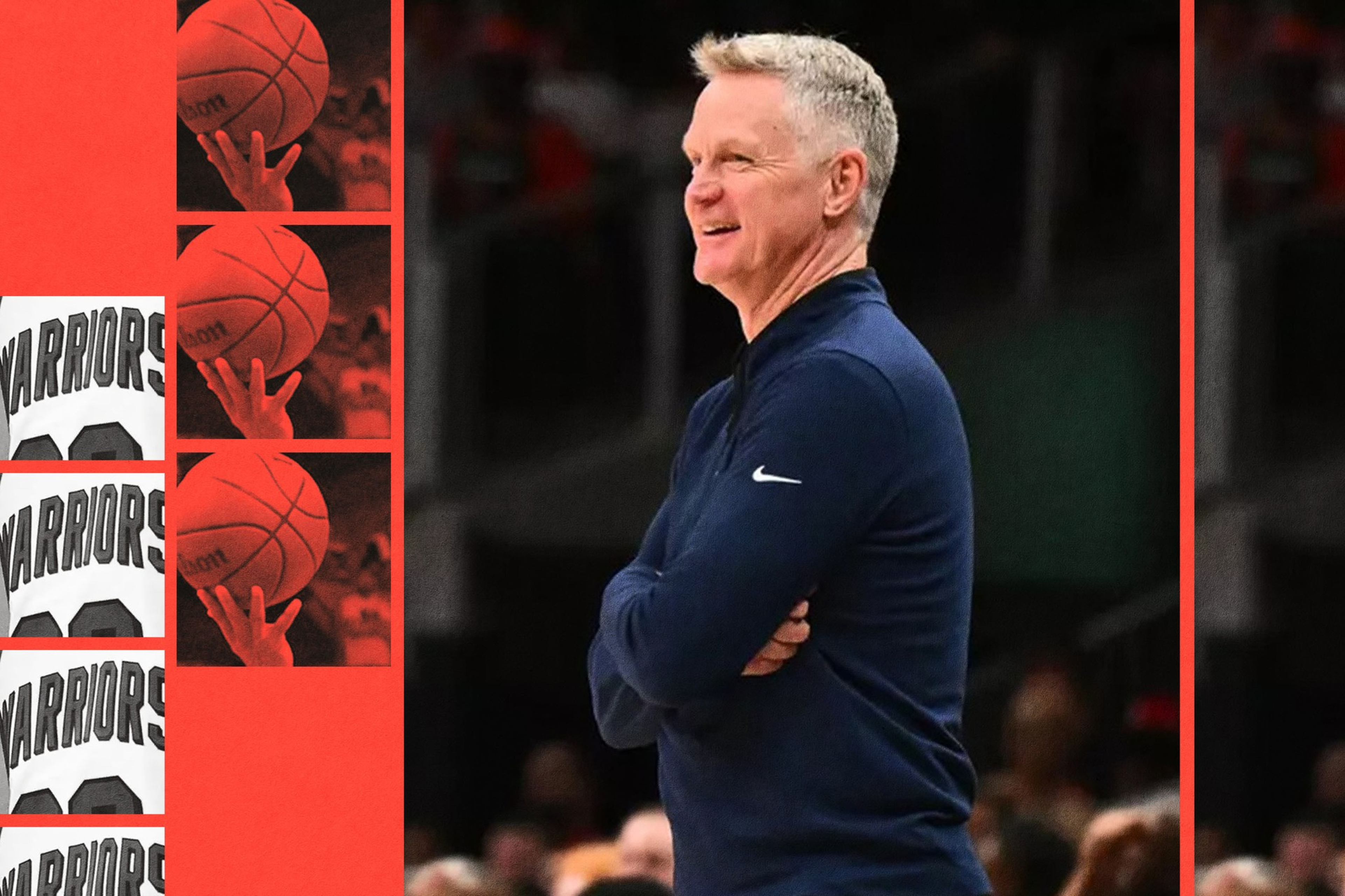 A man with short gray hair smiles with arms crossed, wearing a navy blue Nike shirt, standing in front of a blurred crowd with angled red borders and basketball images.