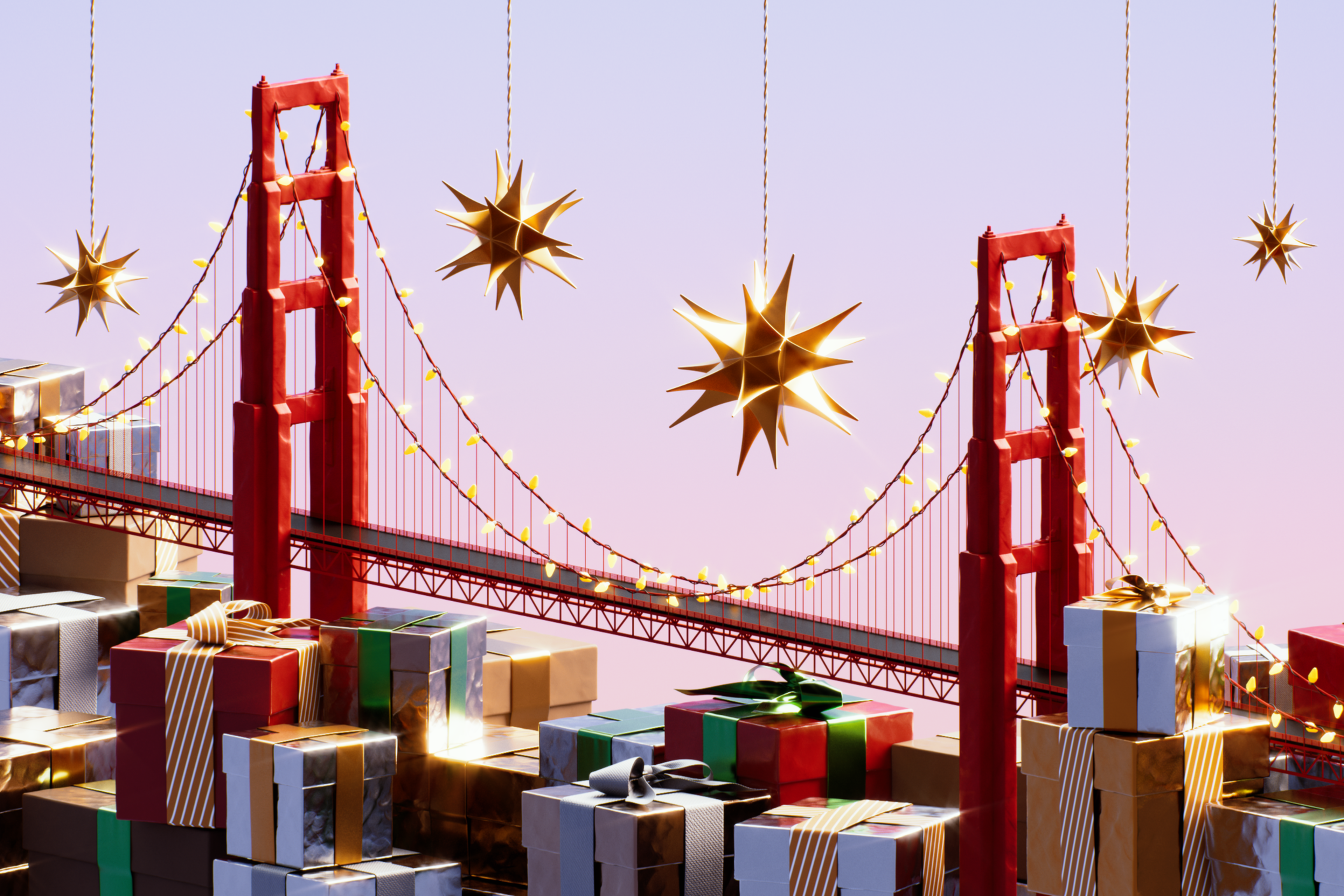 A festive scene with the Golden Gate Bridge adorned in lights, large gold stars hanging above, and a foreground filled with wrapped gift boxes.