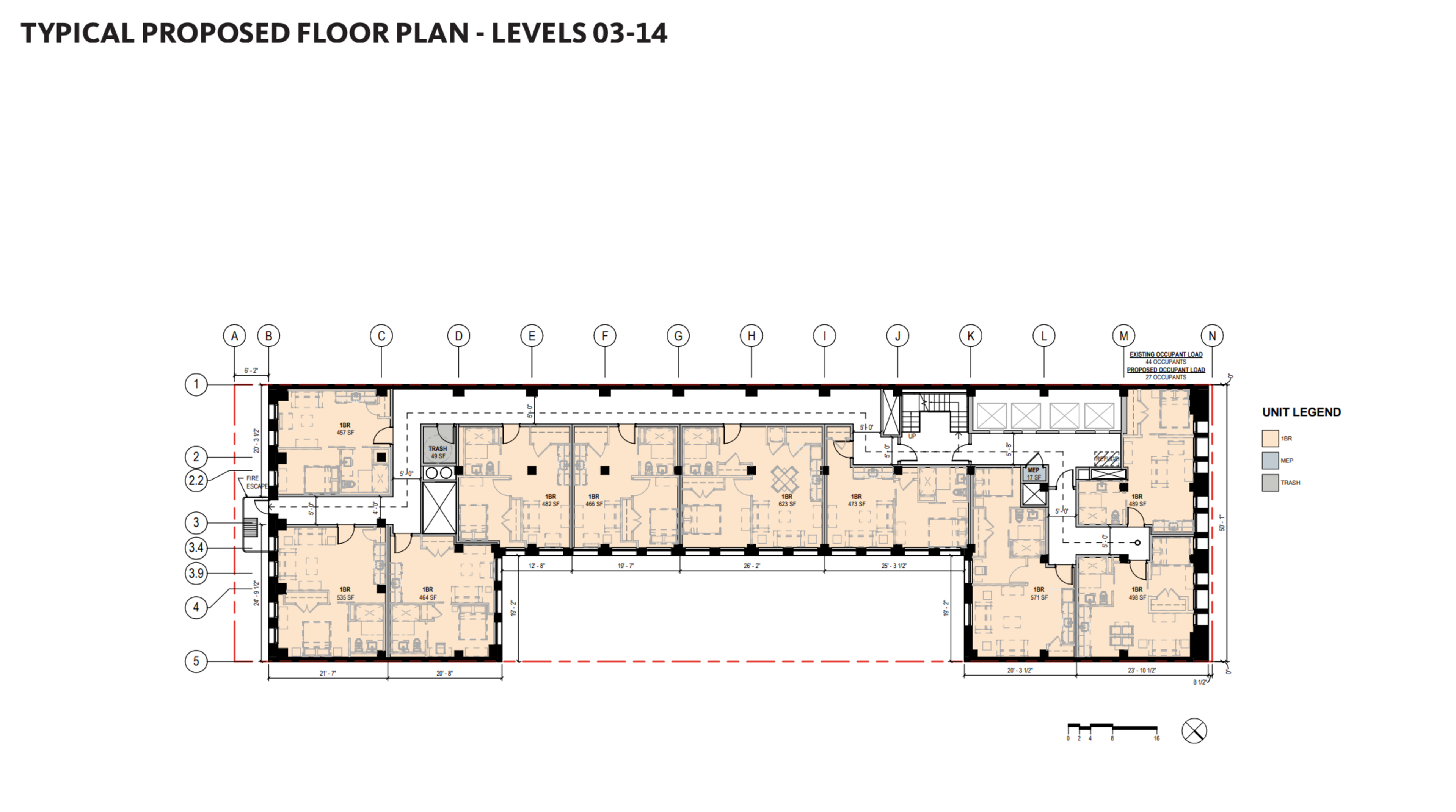 The floor plan shows a layout of rooms and corridors for levels 3-14, with a legend indicating WB, MEP, and TGS&H areas, all arranged around central elevators and stairs.