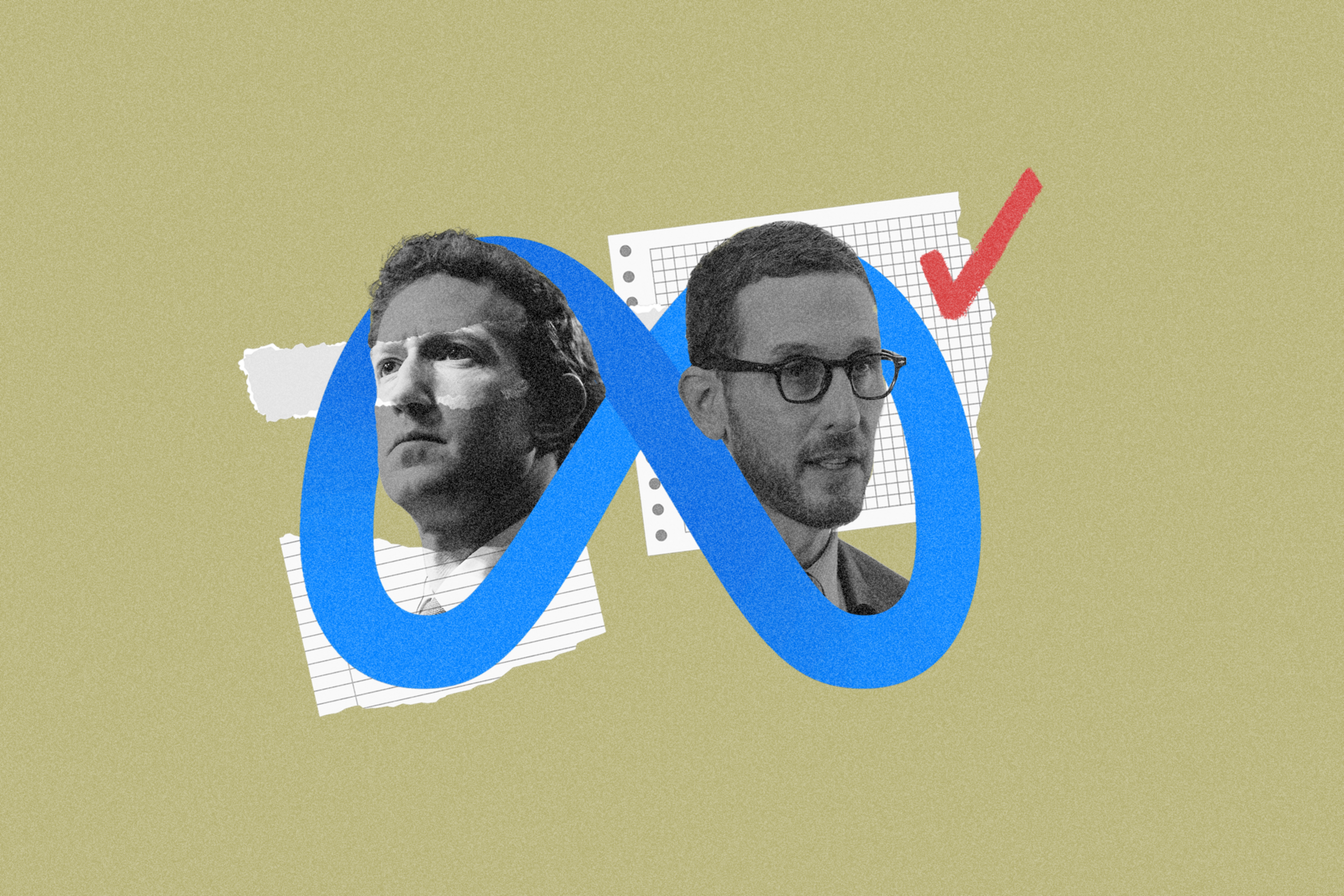 A collage shows two men's faces within an infinity symbol, placed against notepaper, with a red checkmark on a beige background.