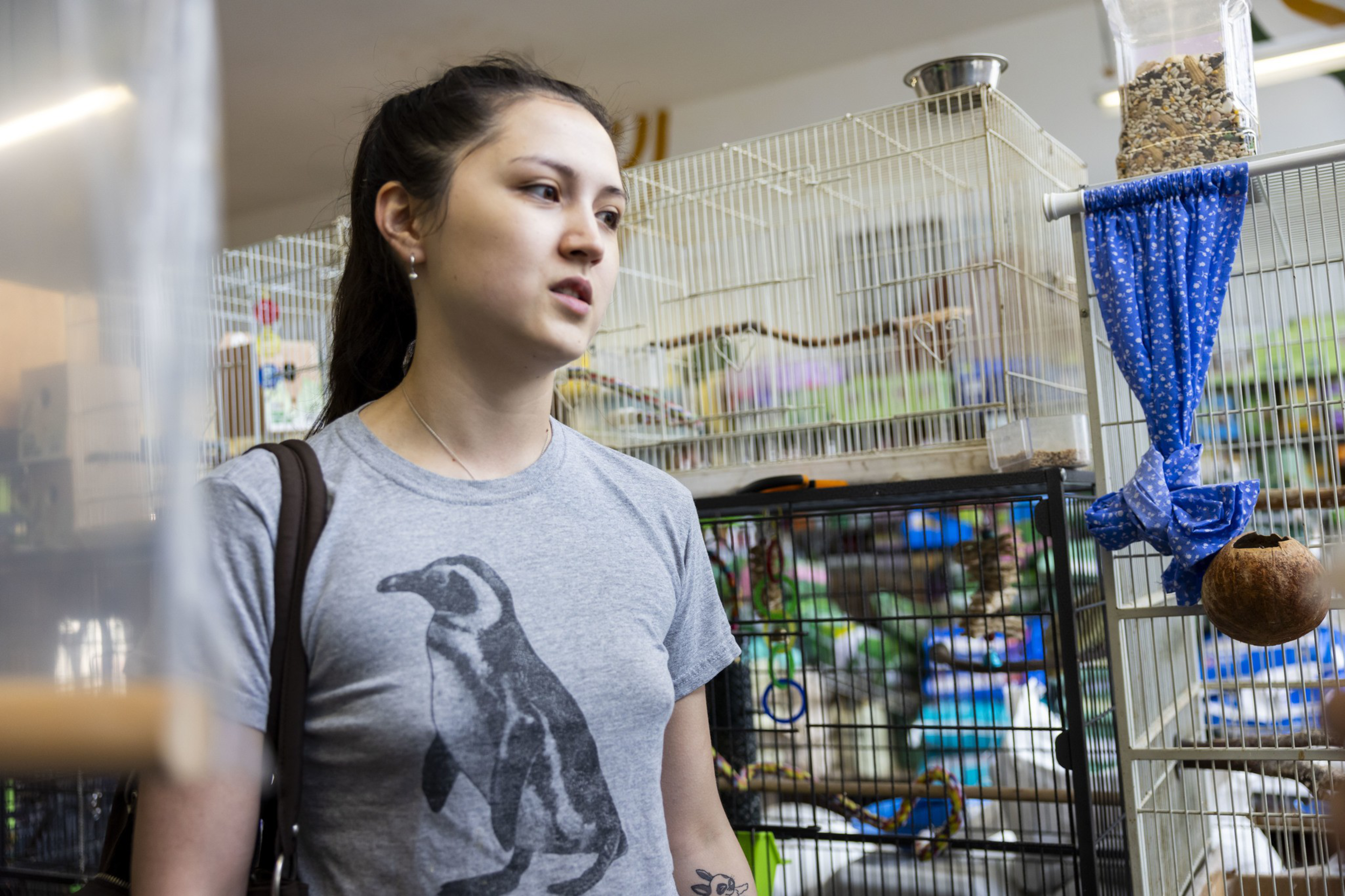 A woman wearing a gray penguin shirt stands near bird cages with colorful toys and seed feeders inside a pet store or aviary.