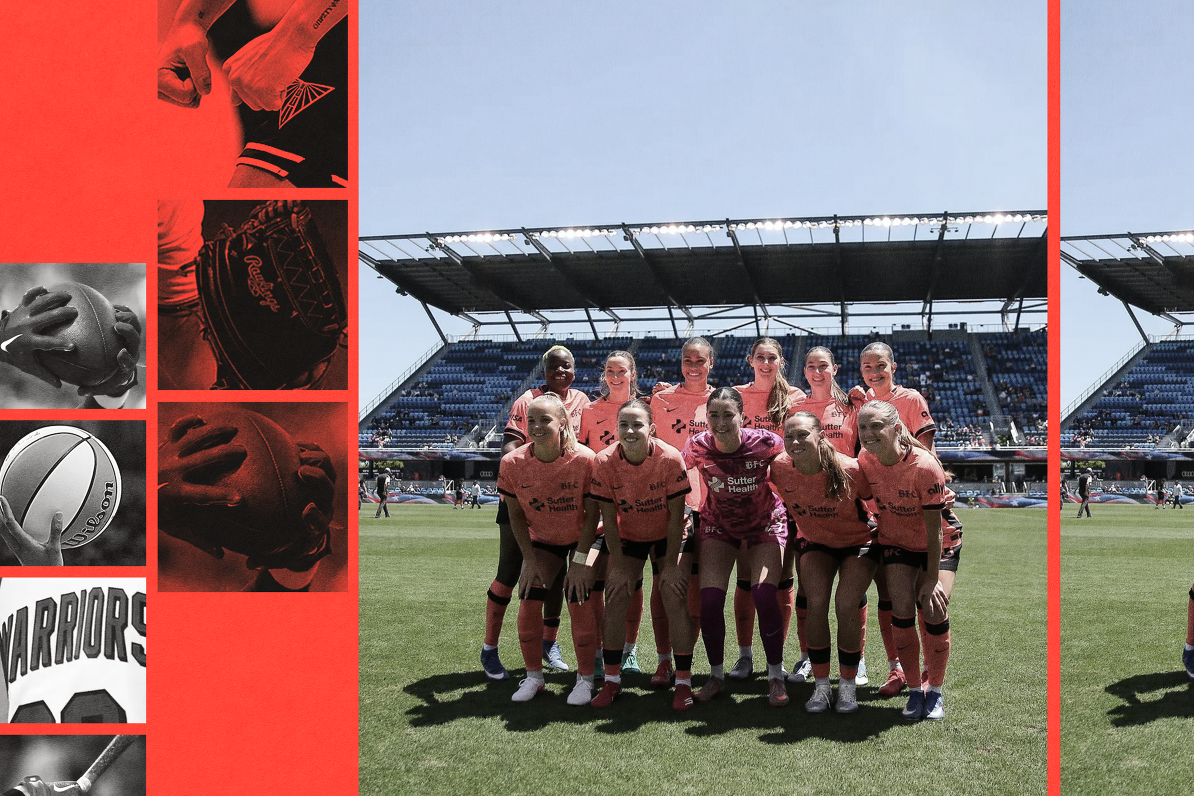 A women's soccer team wearing matching pink uniforms poses on a sunlit field with stadium seats and a clear sky behind them.
