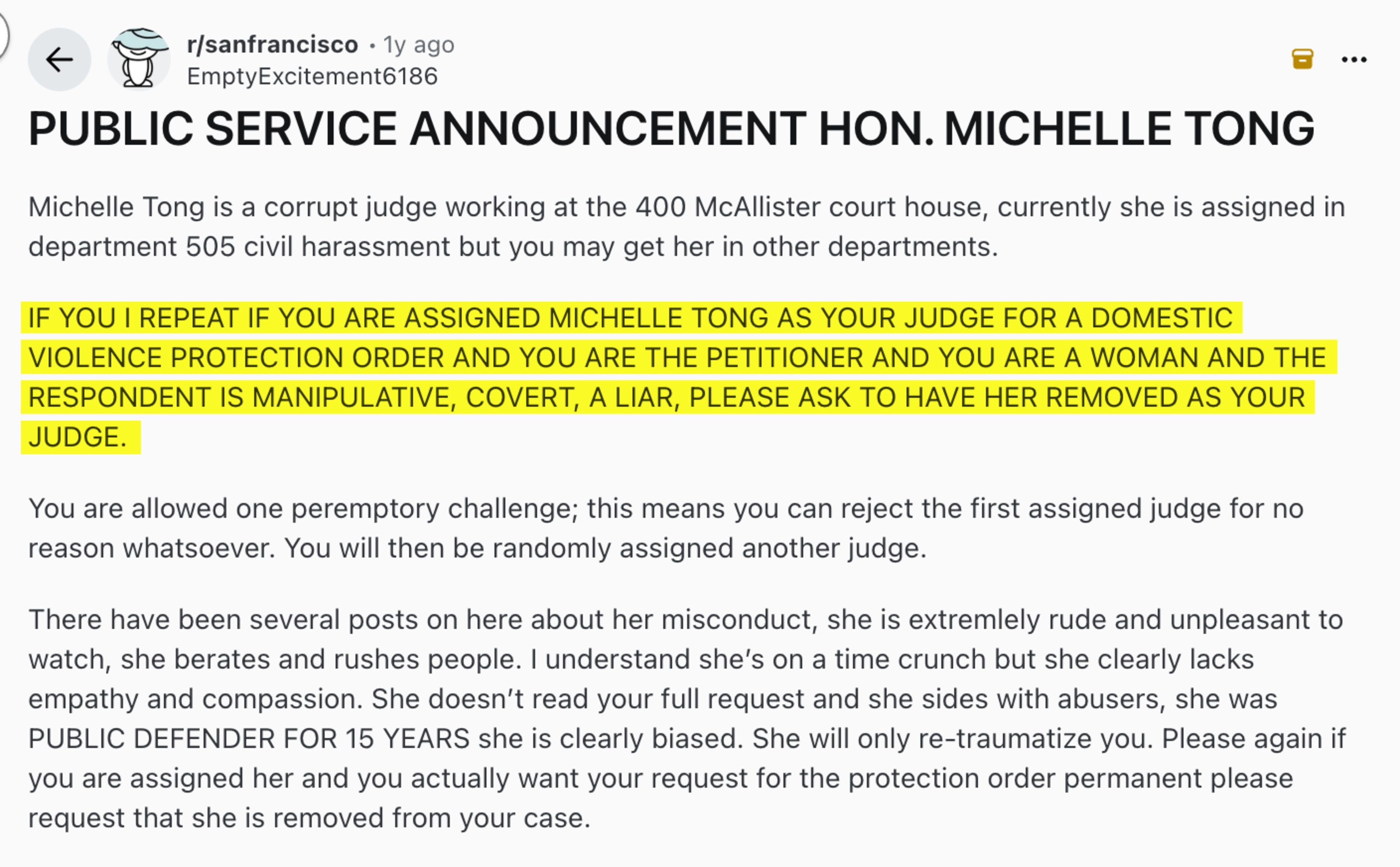 A Reddit post warns that Judge Michelle Tong at 400 McAllister courthouse is corrupt, biased, and advises women petitioners in domestic violence cases to request her removal.