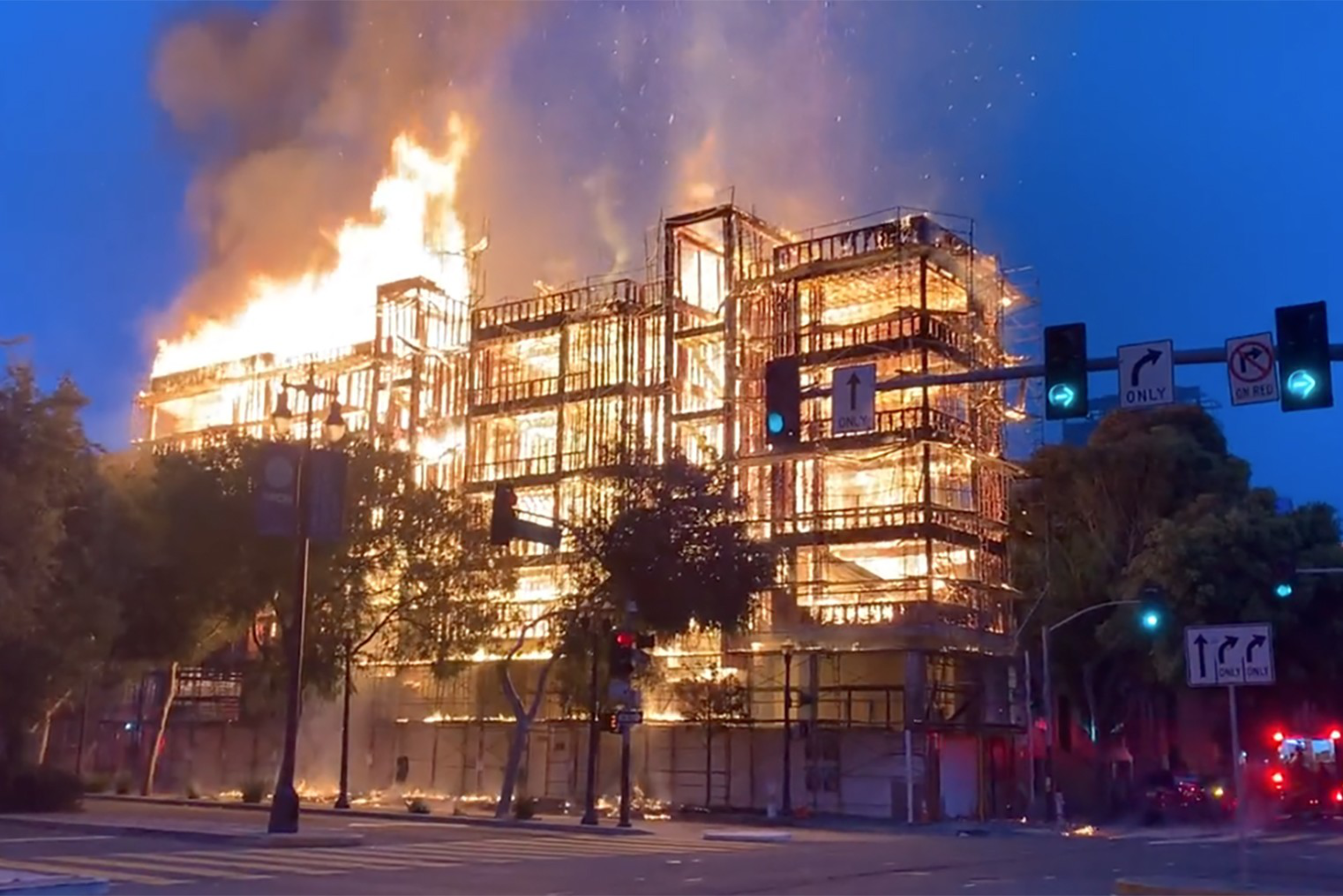 A screengrab from a video captured by the San Francisco Fire Department shows a four-alarm fire at Octavia and Fell streets in the Lower Haight neighborhood on Tuesday.