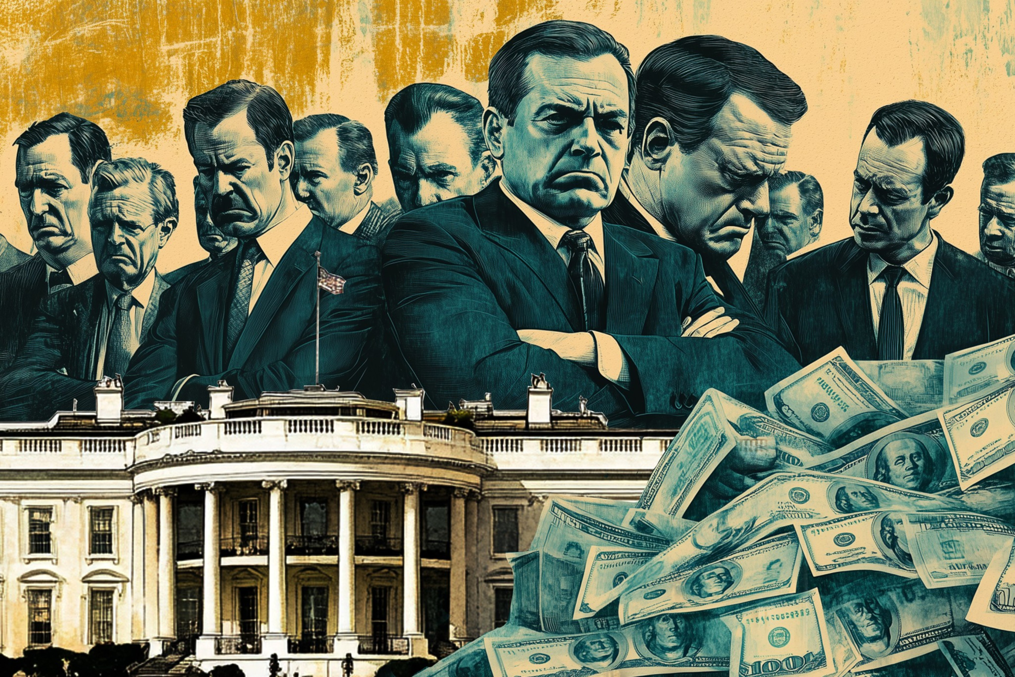 A group of stern-faced men in suits stand above the White House, with a large pile of cash spilling over in front of them. The background is a textured yellow.