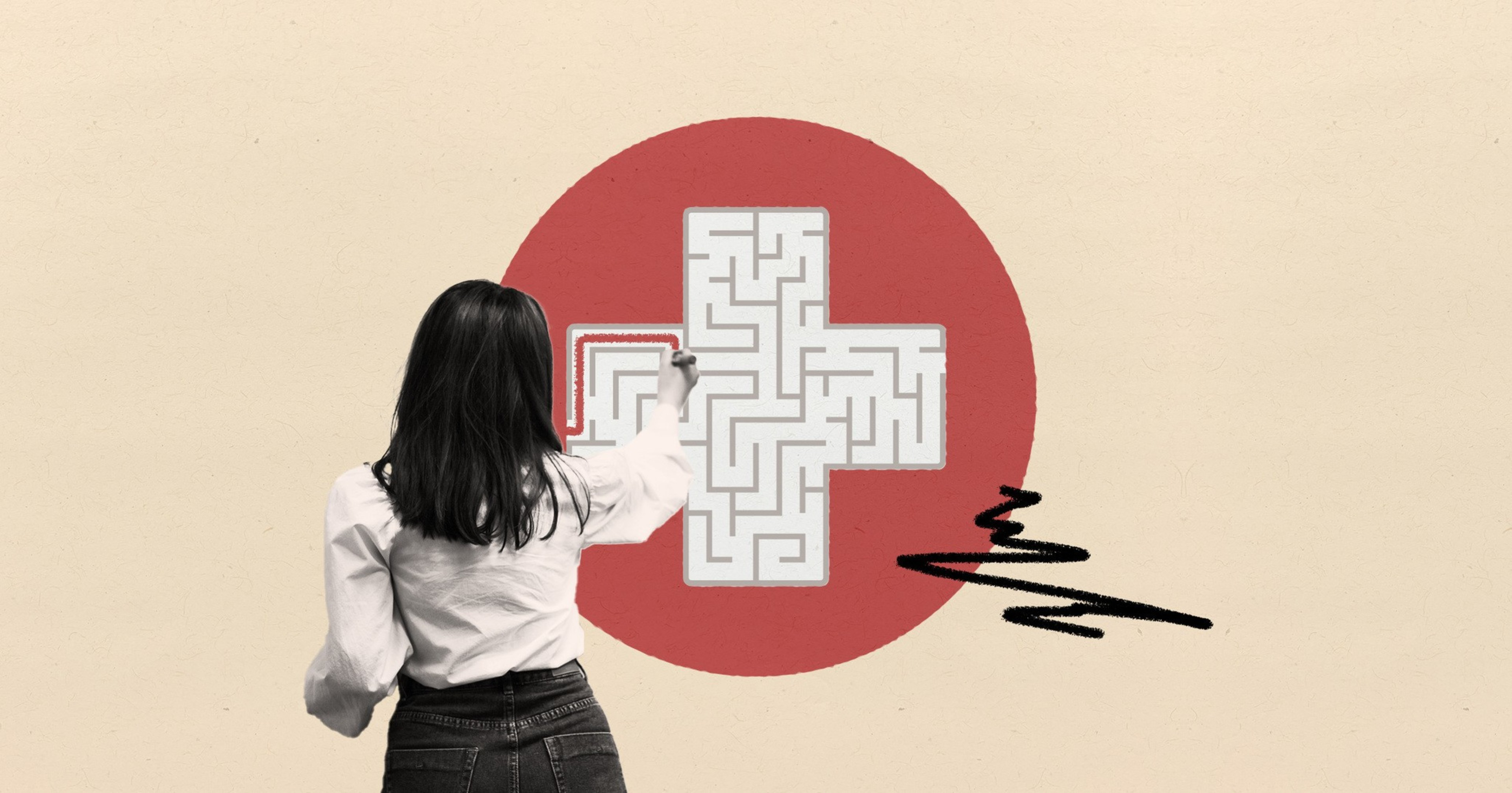 An illustration showing a young person drawing on a medical cross.