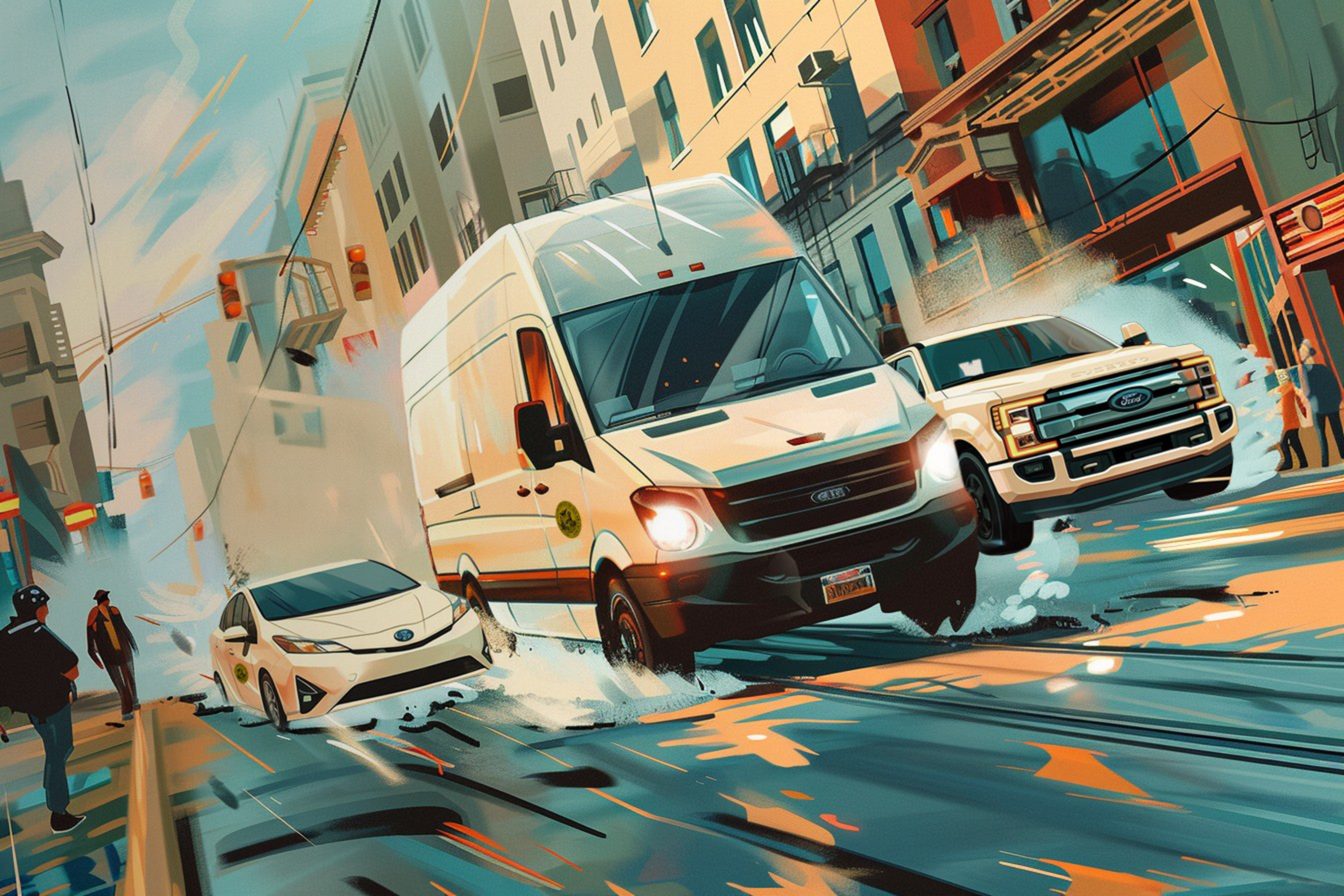 A white van, a white prius, and a white truck rush through a wet, busy city street with onlookers. Buildings and traffic lights blur in the background.