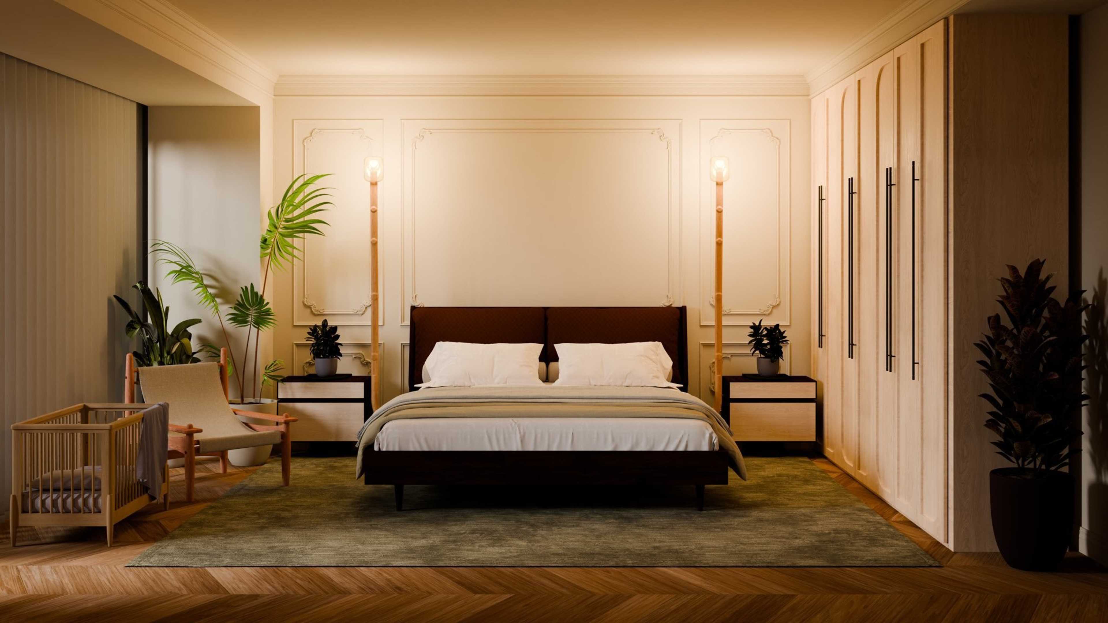 A modern bedroom with a large bed, two floor lamps, nightstands, plants, a cushioned chair, a crib, and large built-in wardrobes.