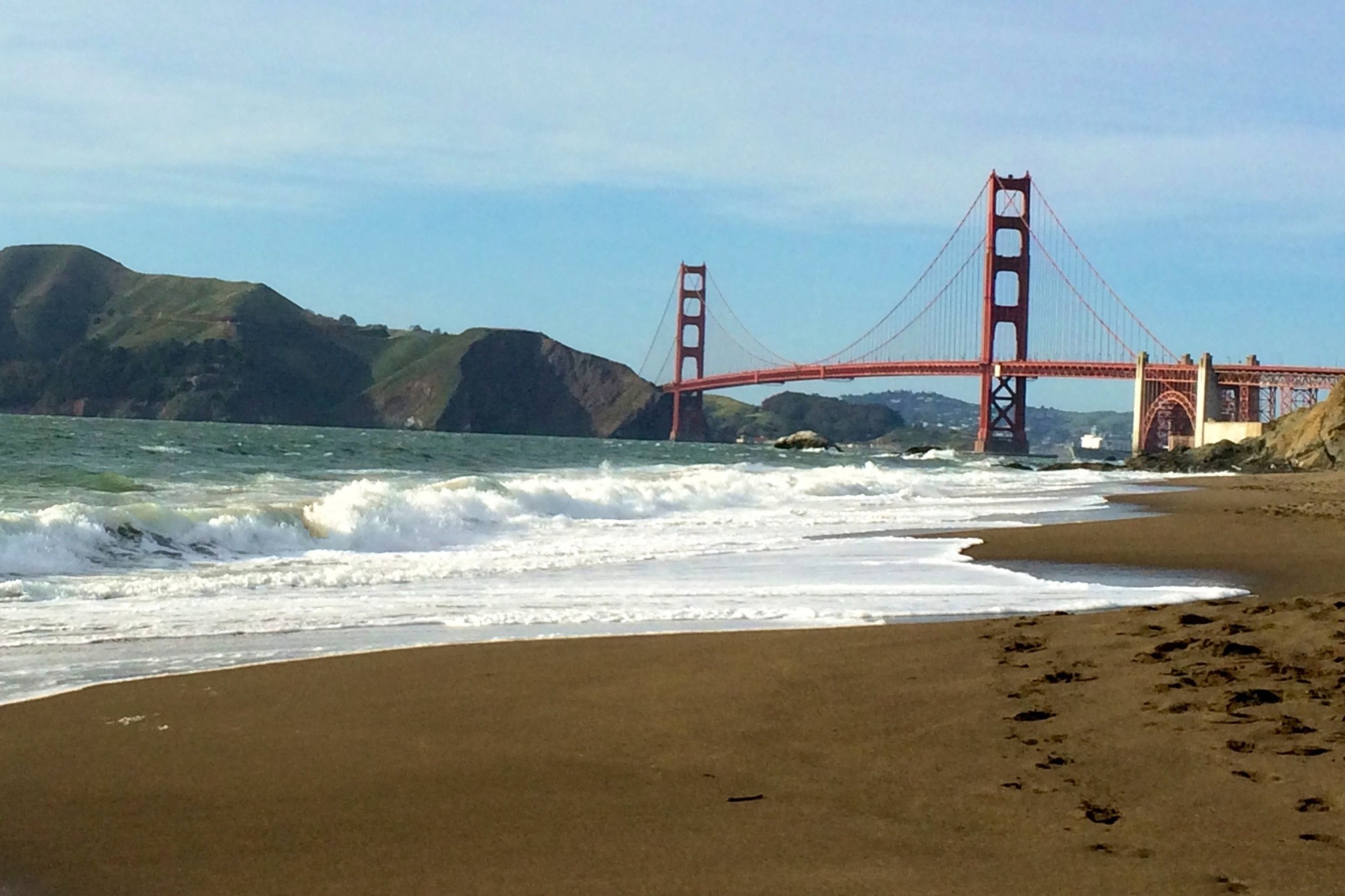 Baker Beach with the Golden Gate Bridge in the distance.