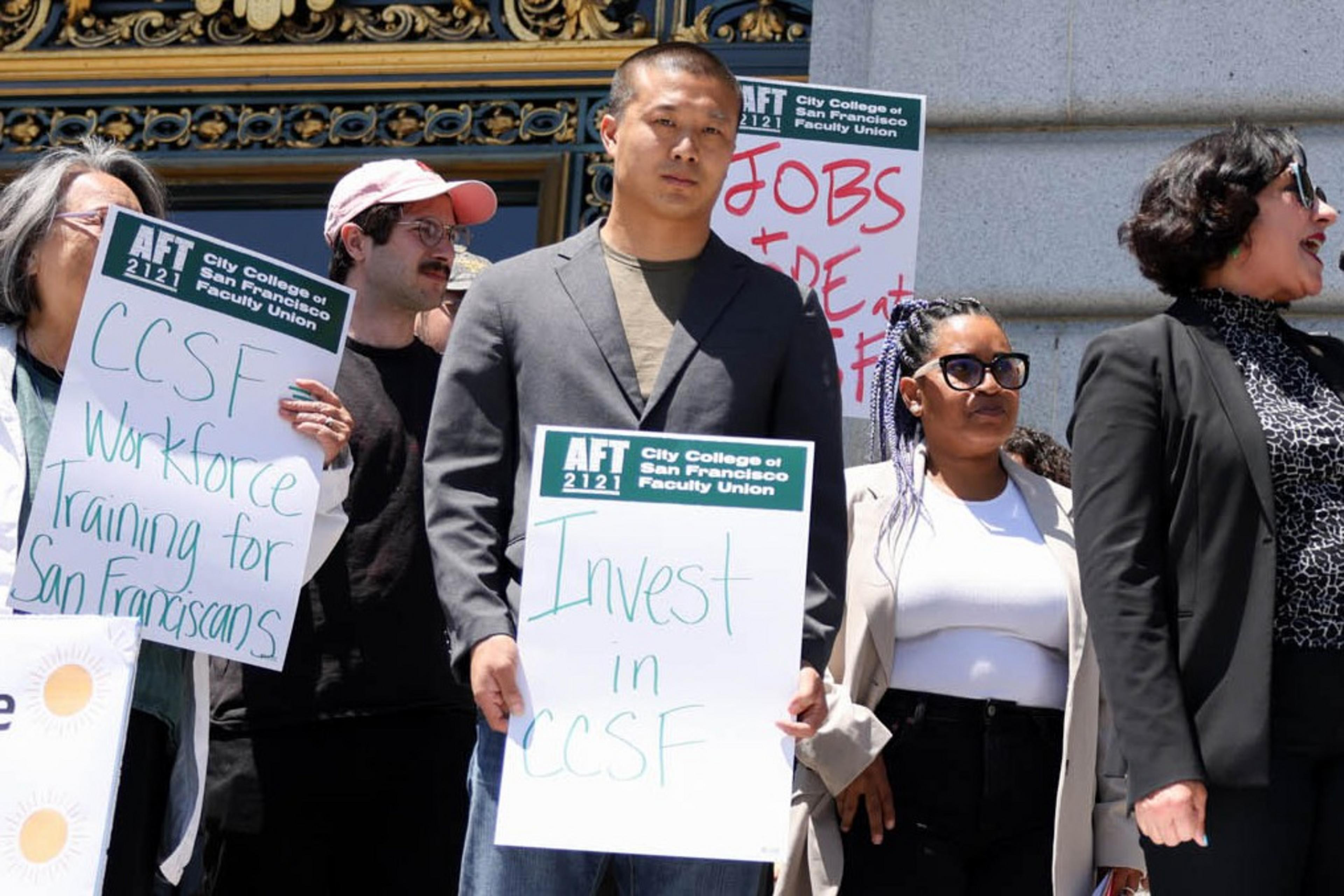 Supervisor Myrna Melgar speaks at a rally with San Francisco City College faculty and staff to celebrate collecting enough signatures for a ballot initiative in San Francisco, Calif., on Monday, July 11, 2022.