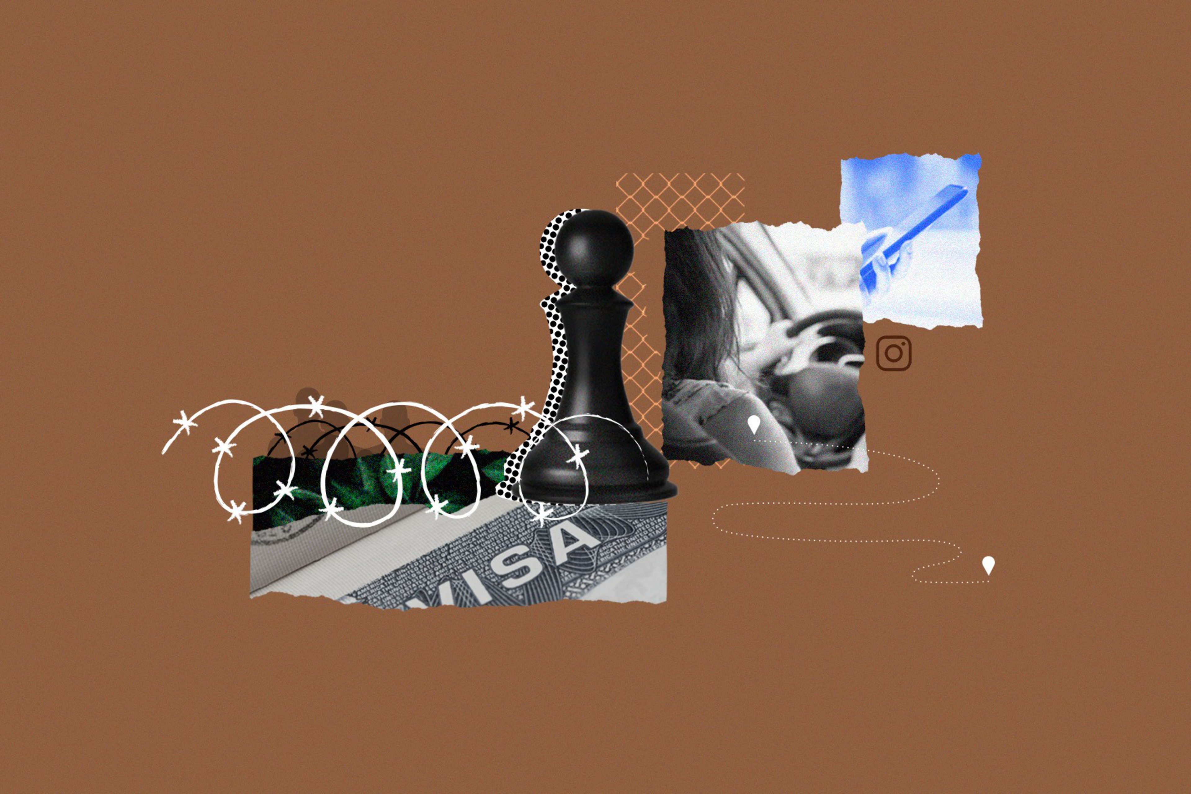 A black pawn chess piece stands over a partial visa image, with barbed wire, a blurred black-and-white photo of a driver, Google Maps markers, and a blue sky fragment.
