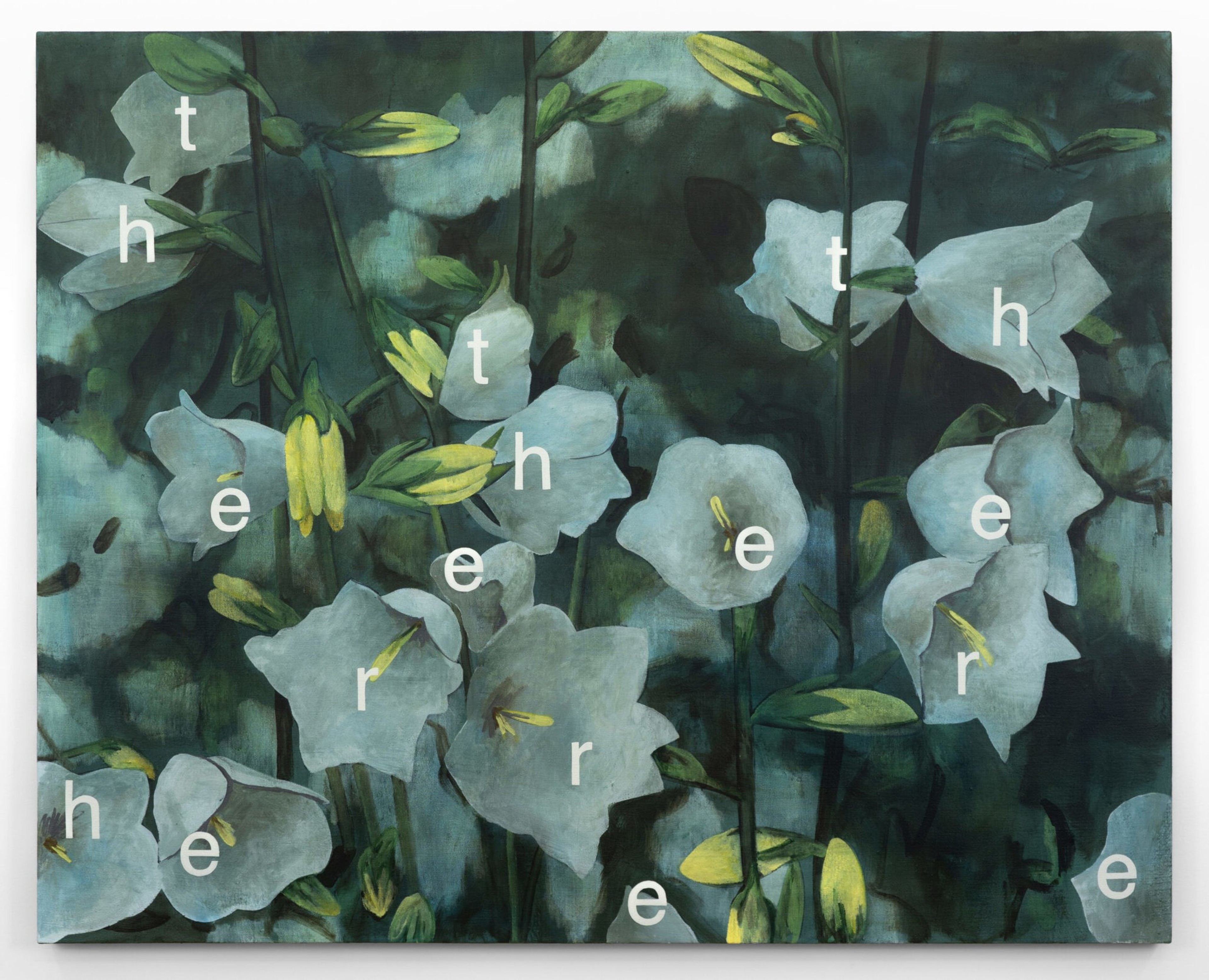 White bell-shaped flowers with green stems and leaves on a dark green background, overlaid with scattered white letters spelling "there."