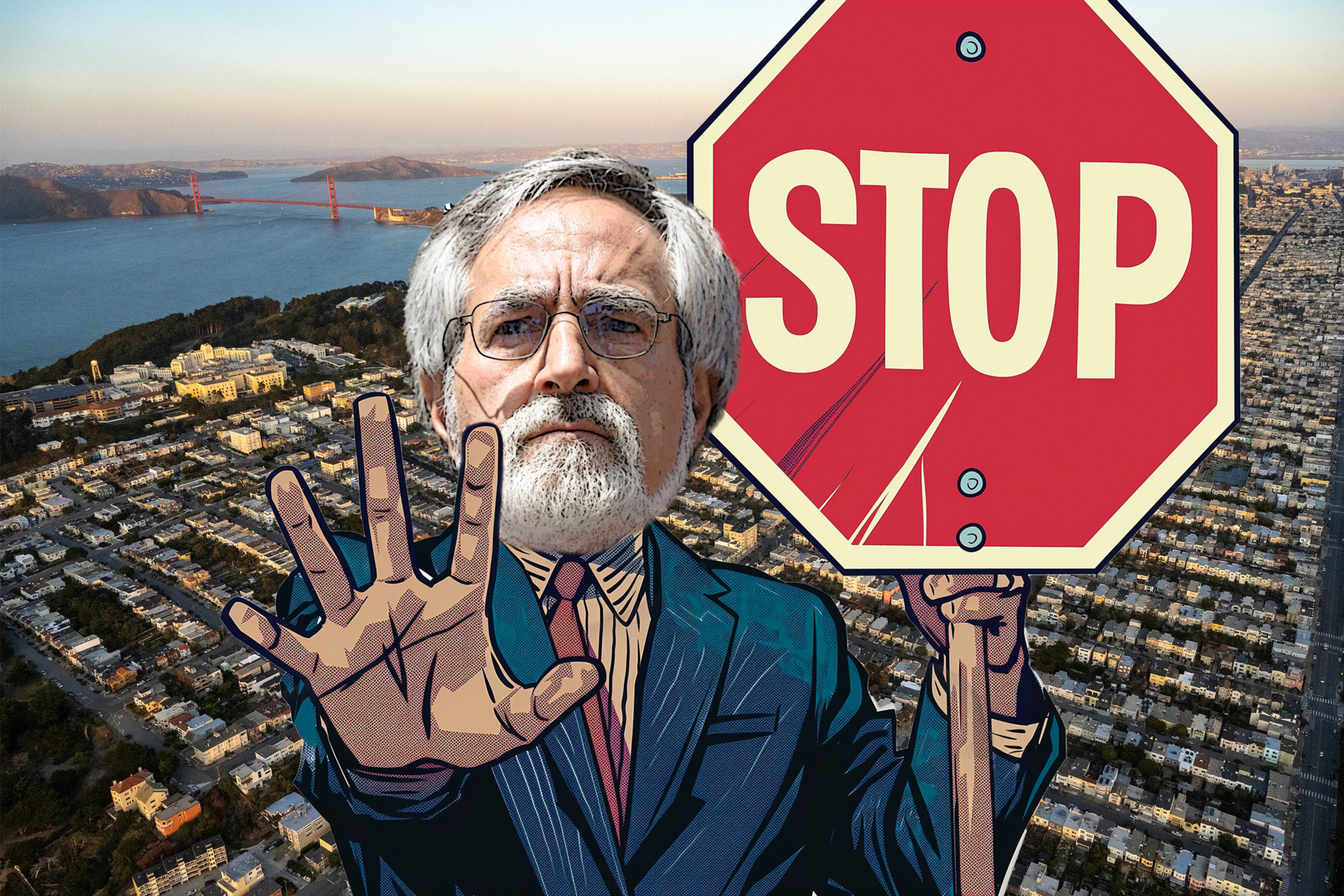 The image shows a man with gray hair and a beard, holding a large "STOP" sign, with a comic-style hand raised in a stop gesture, against an aerial cityscape.
