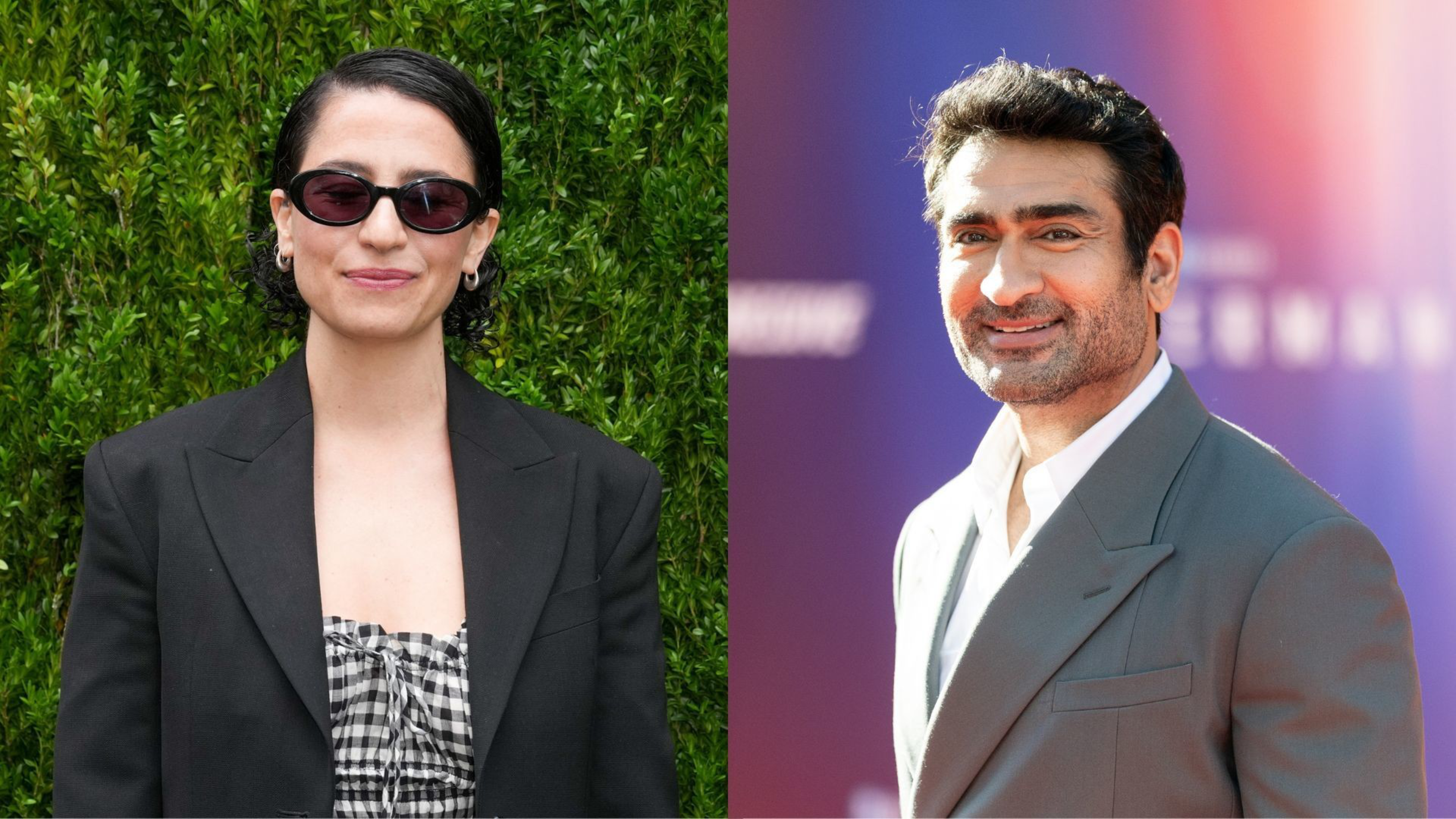 A woman with short dark hair, sunglasses, and a black blazer stands in front of greenery, while a man in a light gray suit smiles against a blue and pink background.