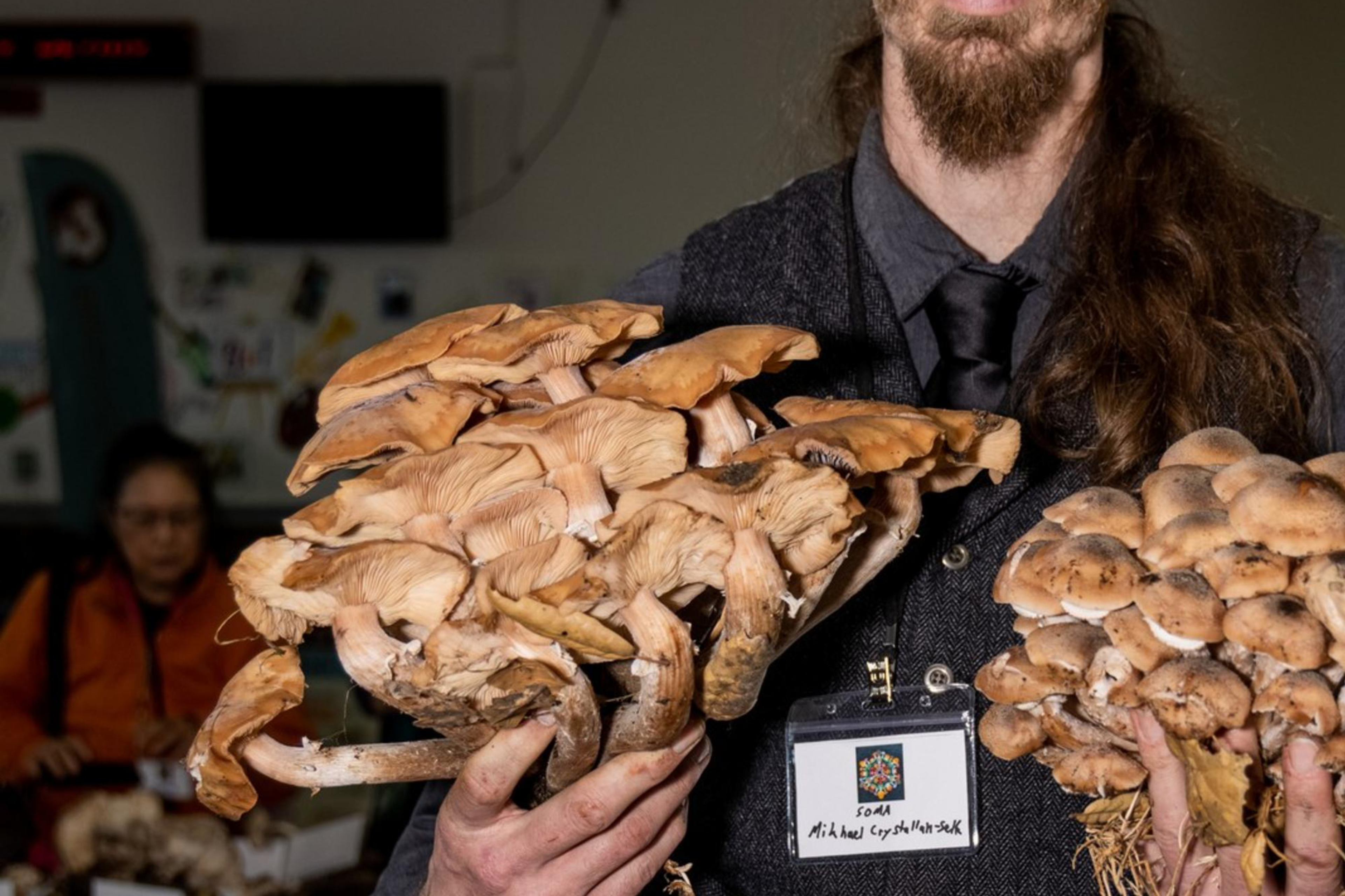 A man with long hair and glasses holds two large clusters of mushrooms, wearing a dark vest and tie. The room in the background has people and tables.