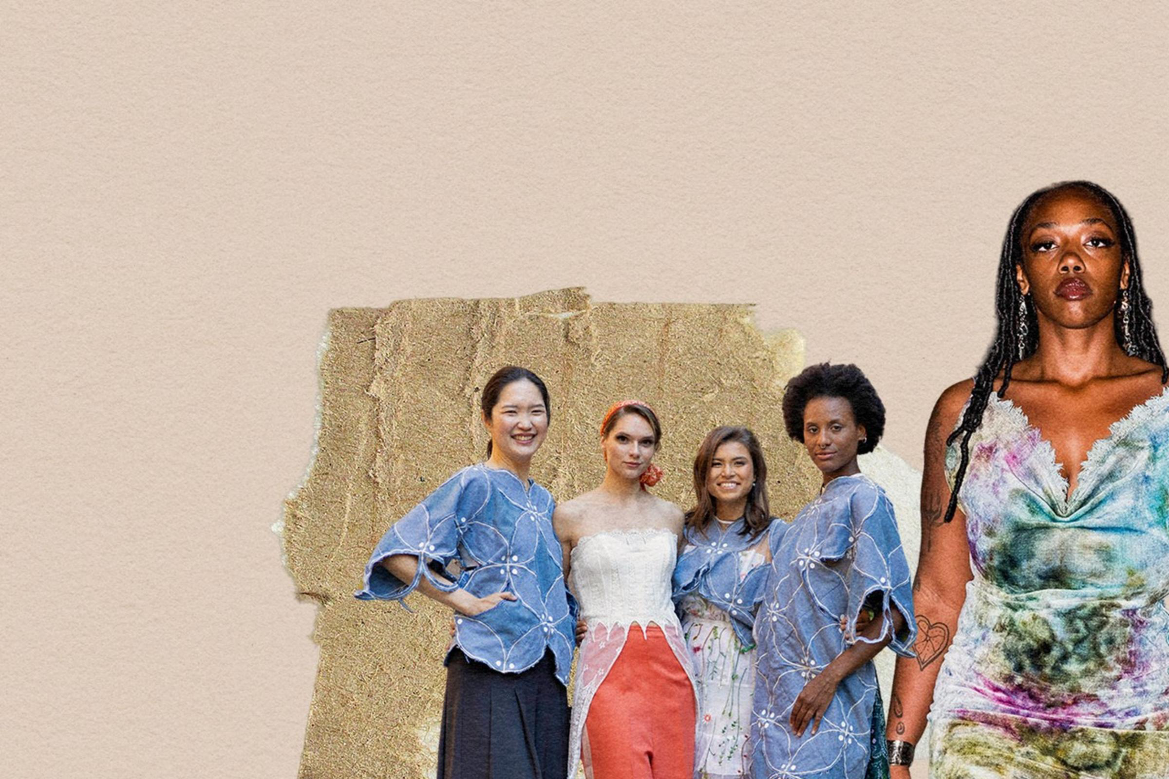 A photo collage of six women wearing clothing made of trash