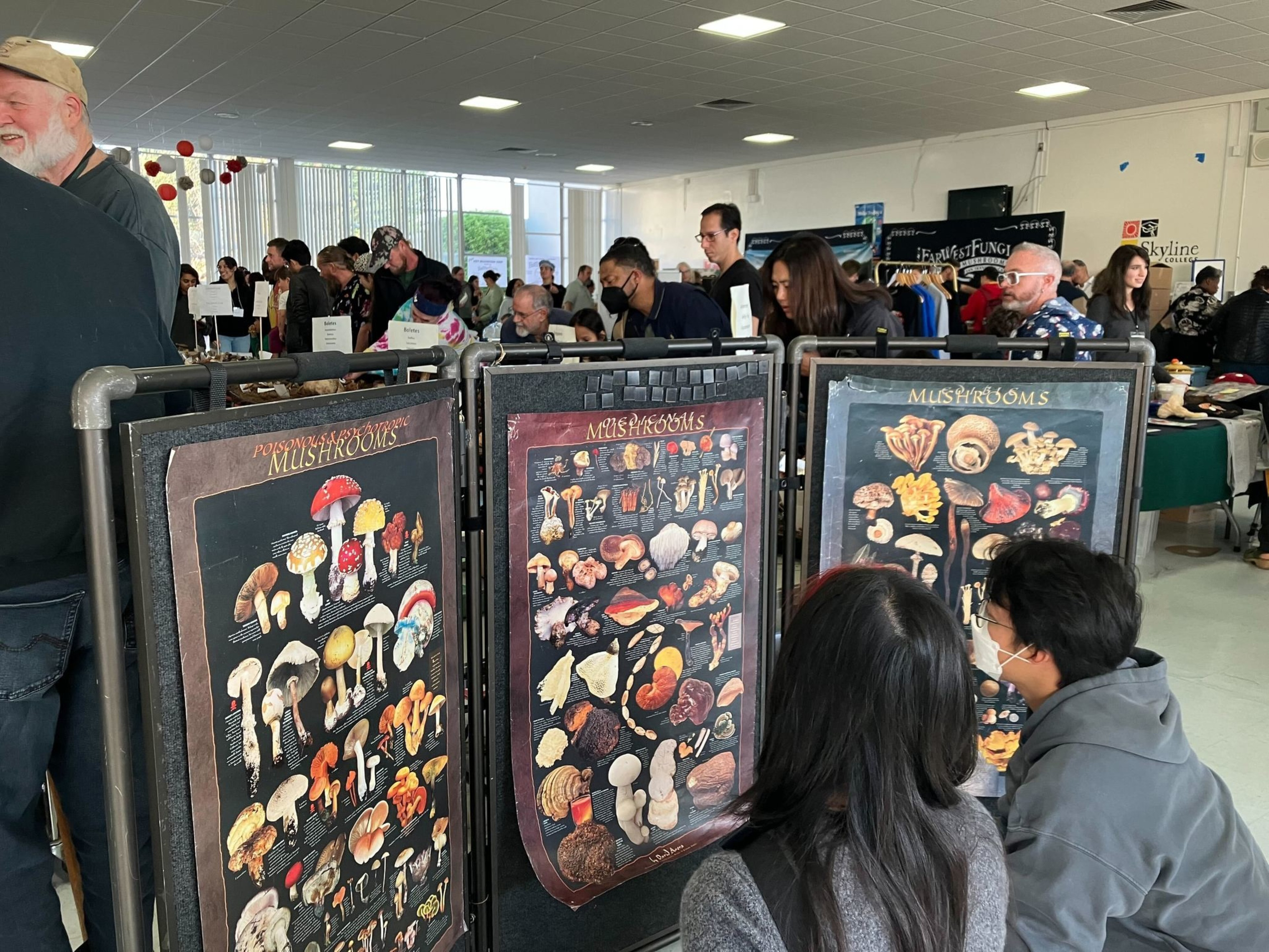 A couple looks at a mushroom guide at the 51st Annual Fungus Fair at El Camino High School in South San Francisco on Saturday, Dec. 16, 2023.