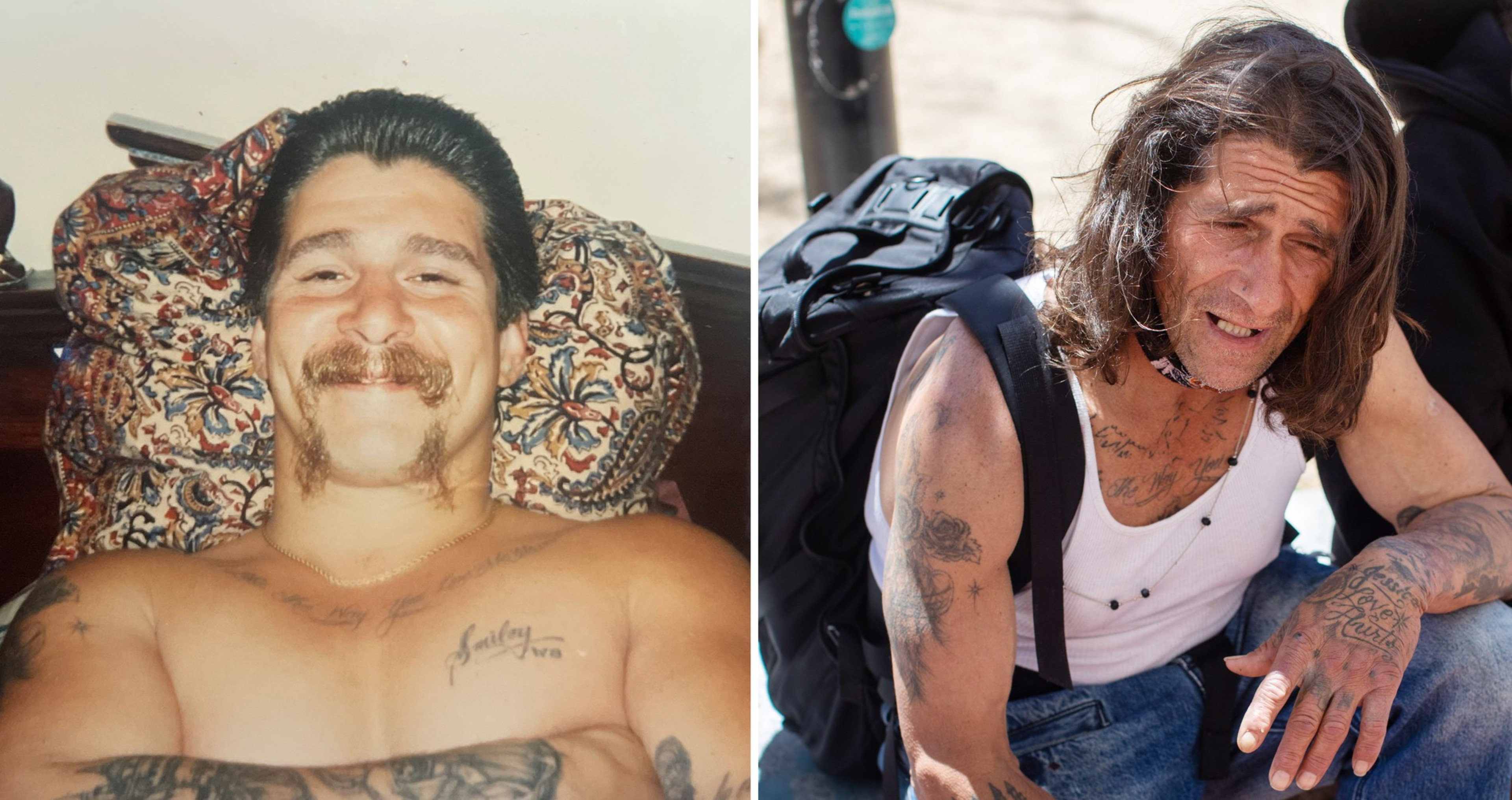 A shirtless man with a mustache and slicked-back hair smiles lying on a patterned pillow in one photo; the same man now older, with long hair and tattoos, sits wearing a white tank top.