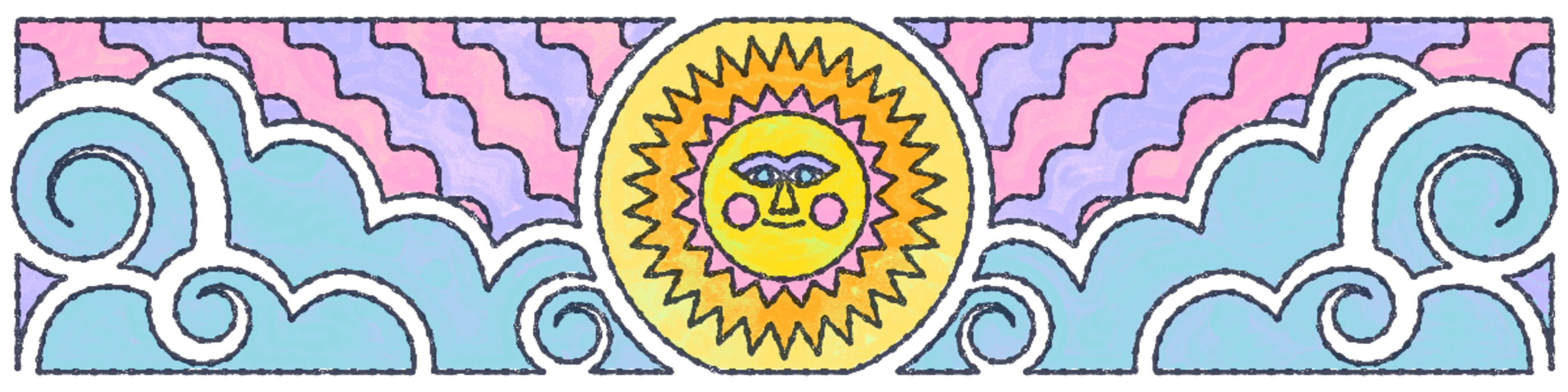 A stylized sun with a face is centered between swirling blue clouds and a purple and pink wavy sky.