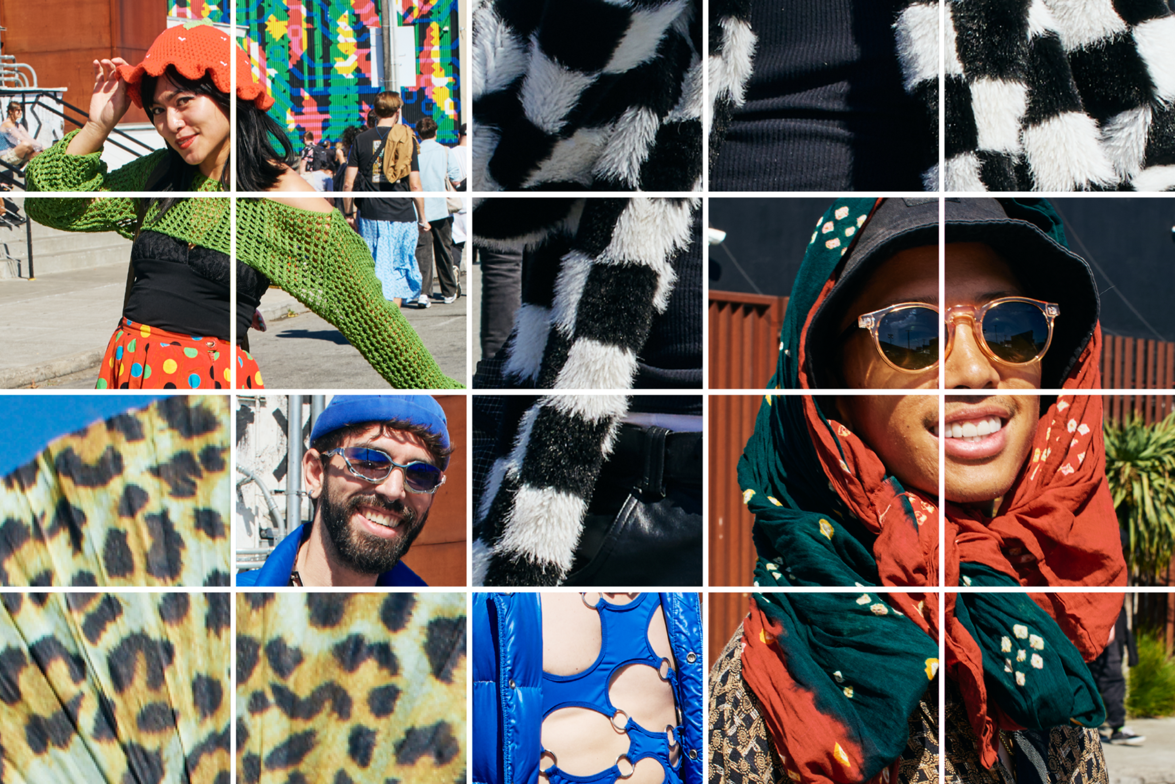 A woman in a red hat, a man with blue beret and sunglasses, and another man with a colorful scarf and sunglasses wear vibrant, patterned outfits outdoors.