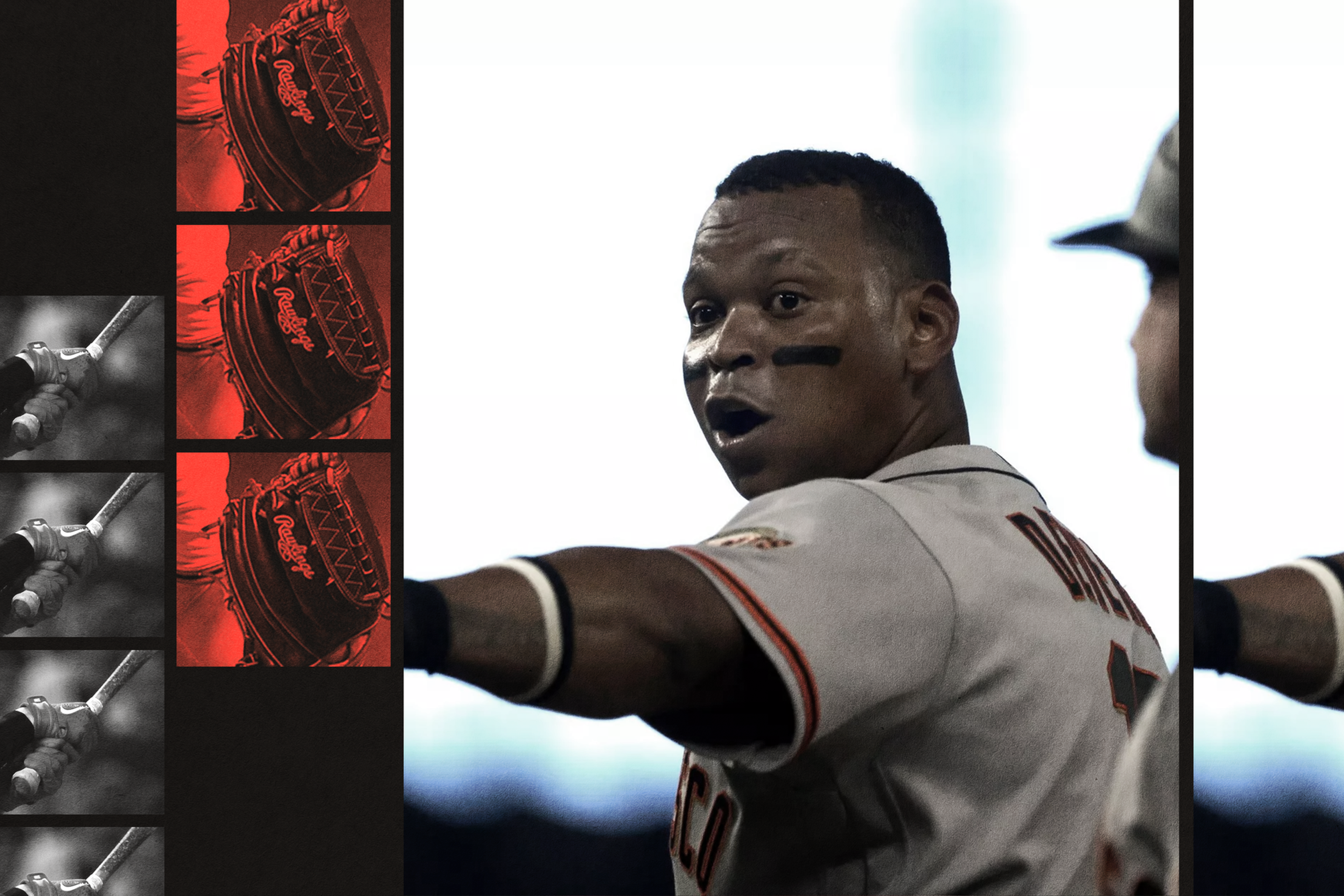 A baseball player in a gray uniform with face paint looks surprised while pointing, with black-and-white and red-tinted images of a glove and a bat on the left.