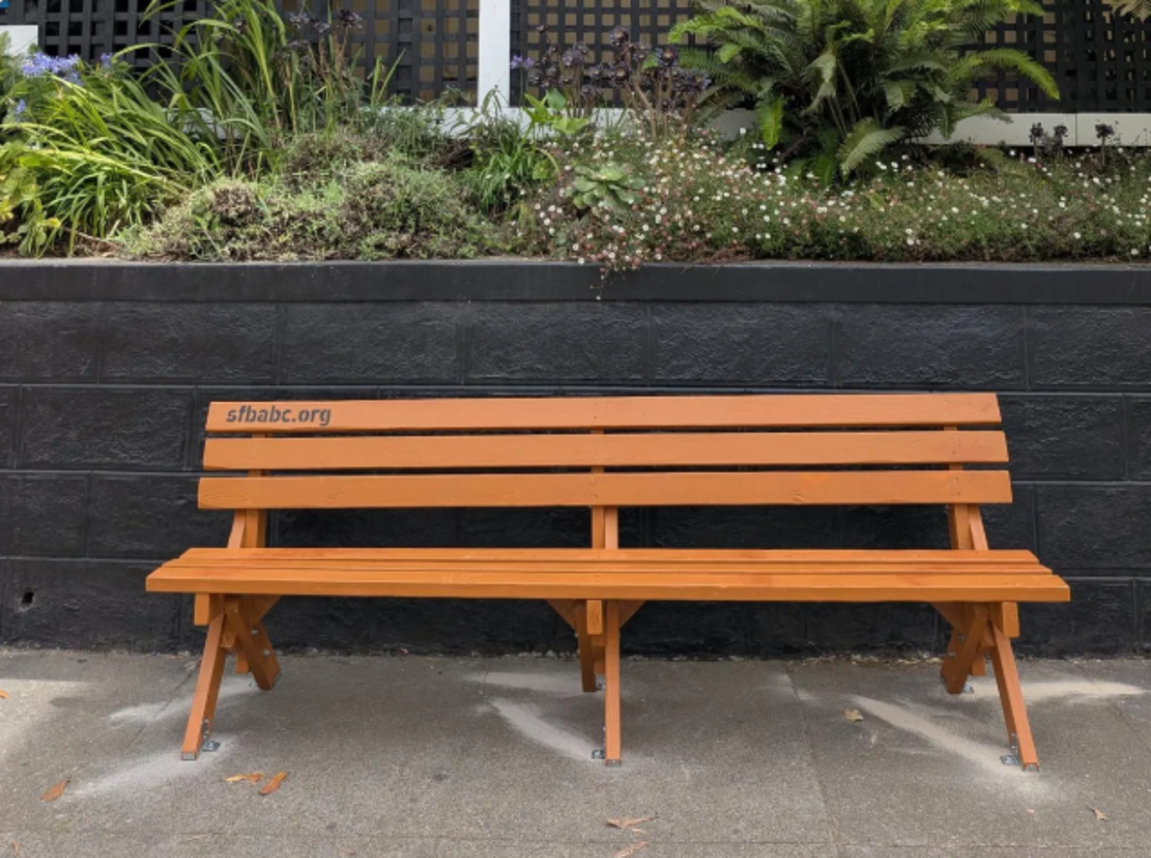 A wooden bench with &quot;sfbabc.org&quot; on it sits in front of a black wall with greenery and flowers on top. The concrete sidewalk is visible below.