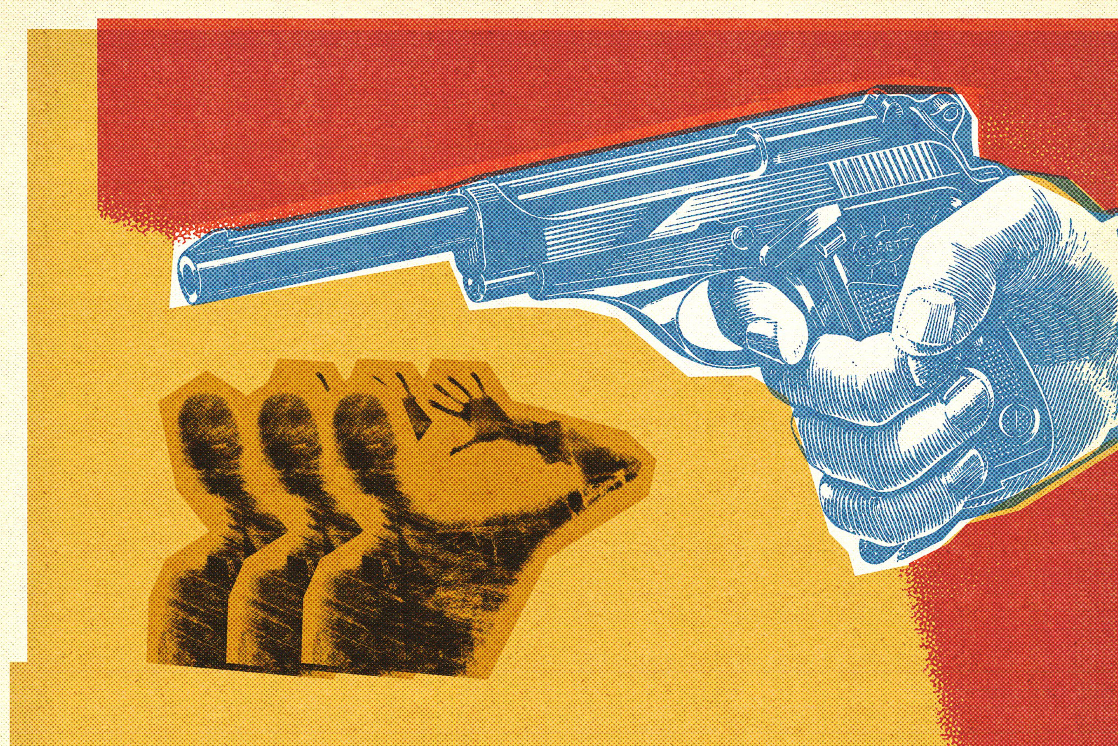 A large blue hand holds a pistol, aiming at three distressed, shadowy figures raising their hands in surrender against a red and yellow background.
