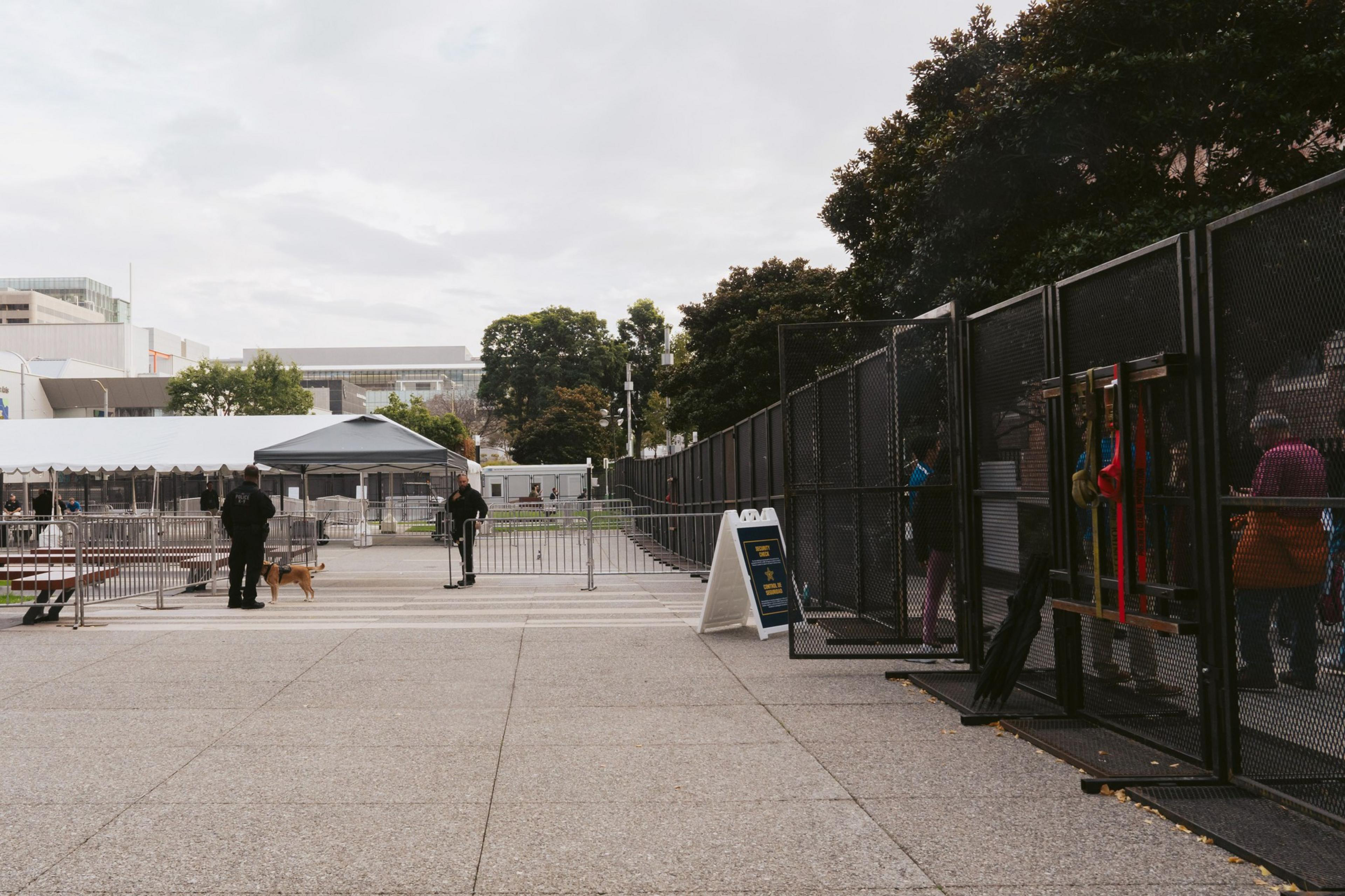 An APEC pedestrian security checkpoint in open plaza.