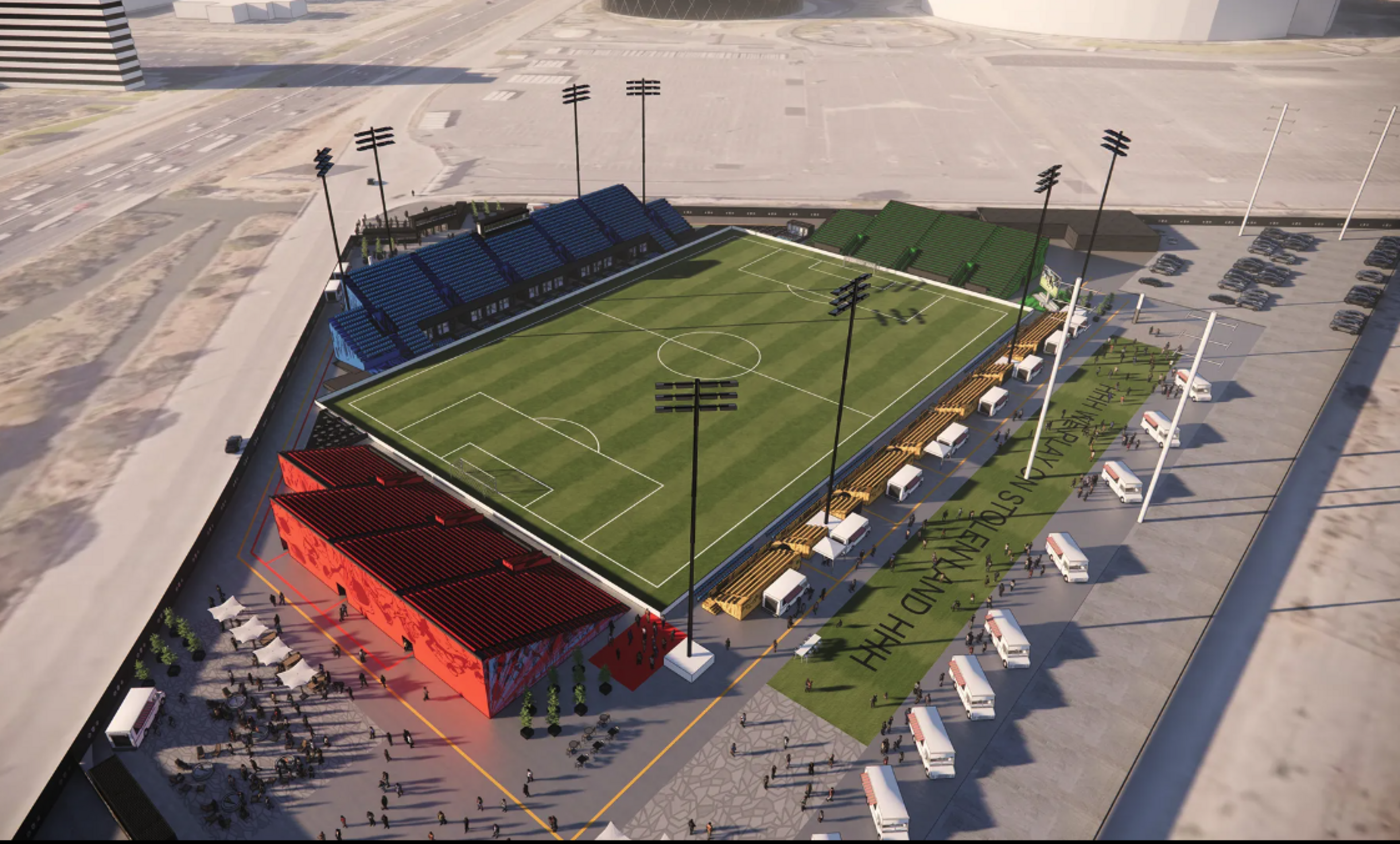A rendering of Oakland Roots' proposed 10,000-seat modular stadium to be constructed on a lot adjacent to the Oakland Coliseum.