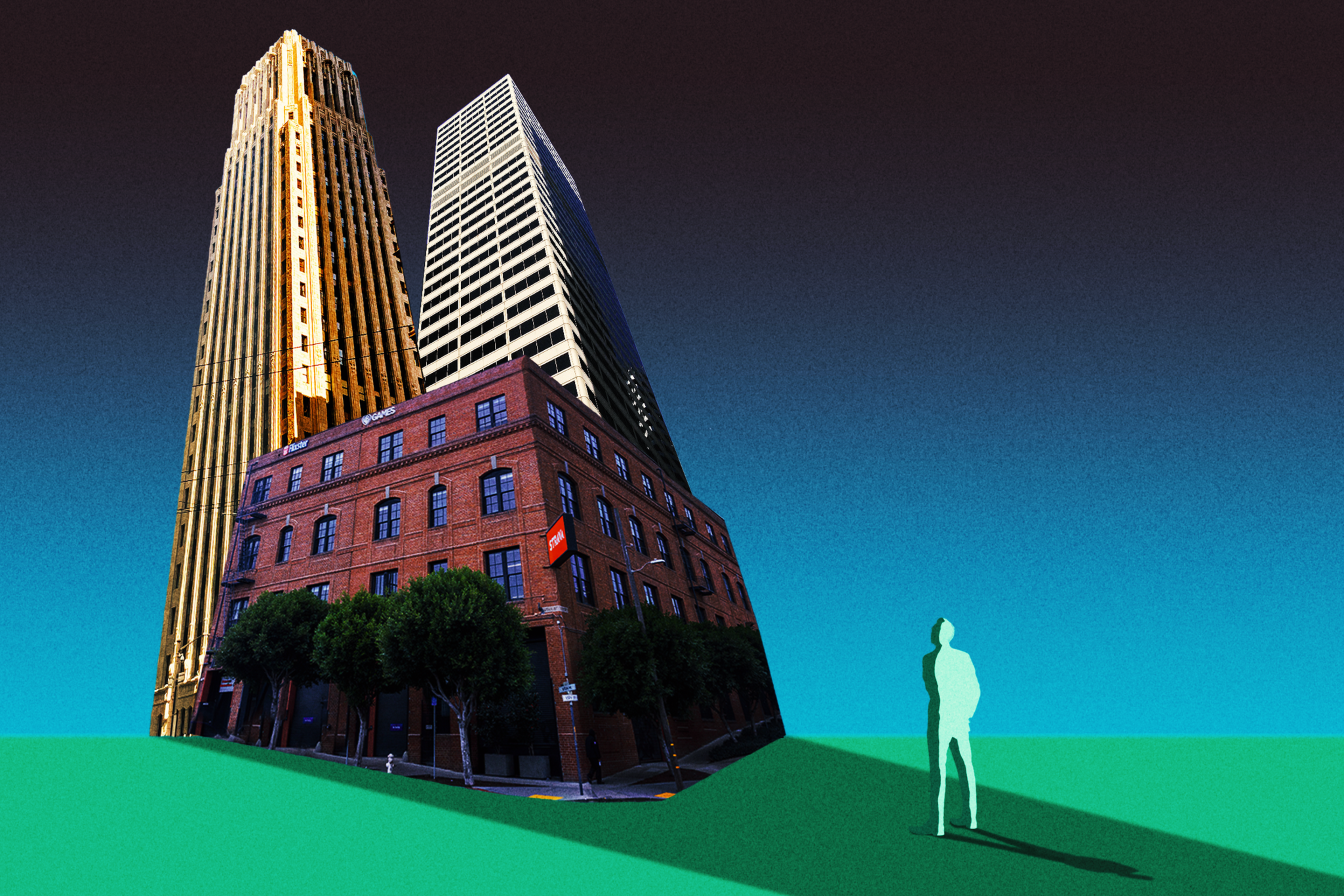 A tall building and a red-brick structure rise against a dark sky. A lone, silhouetted figure stands on a green foreground, looking at the scene.