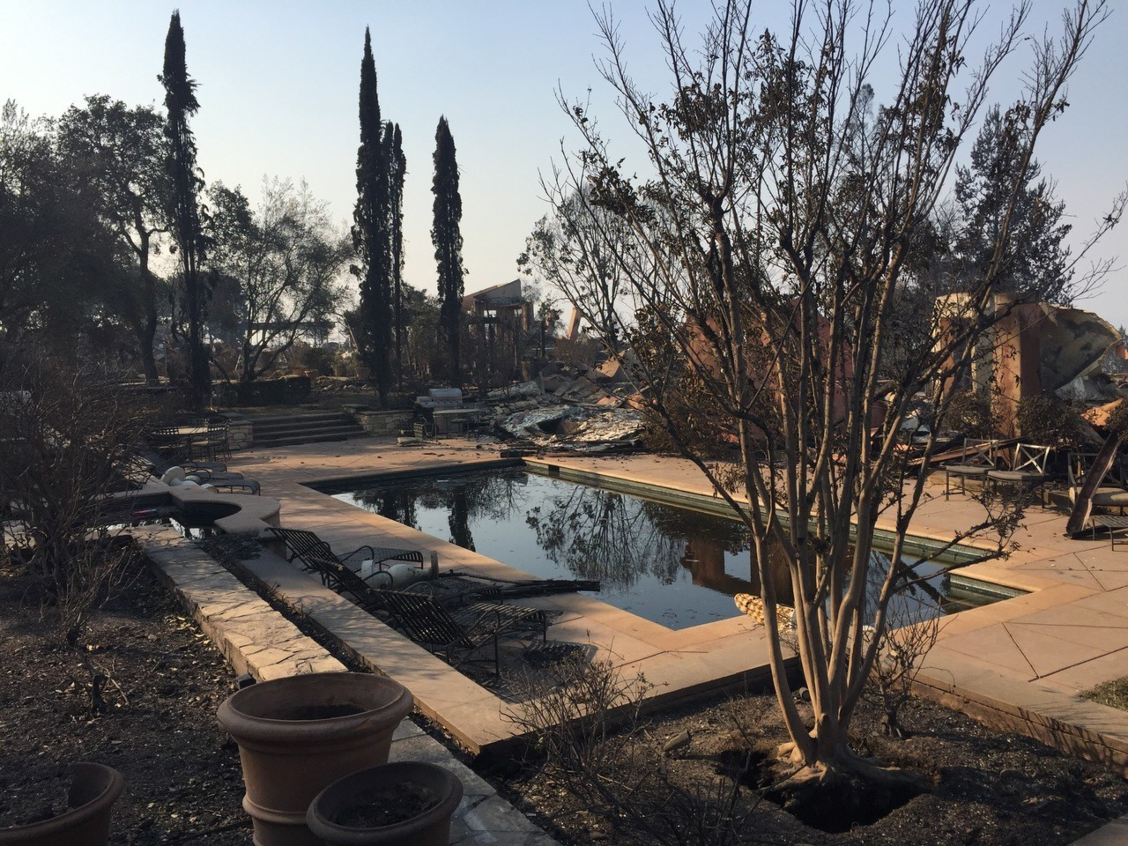 The image shows a pool surrounded by burned trees and vegetation, with charred lounge chairs nearby and what appears to be a building destroyed by fire in the background.