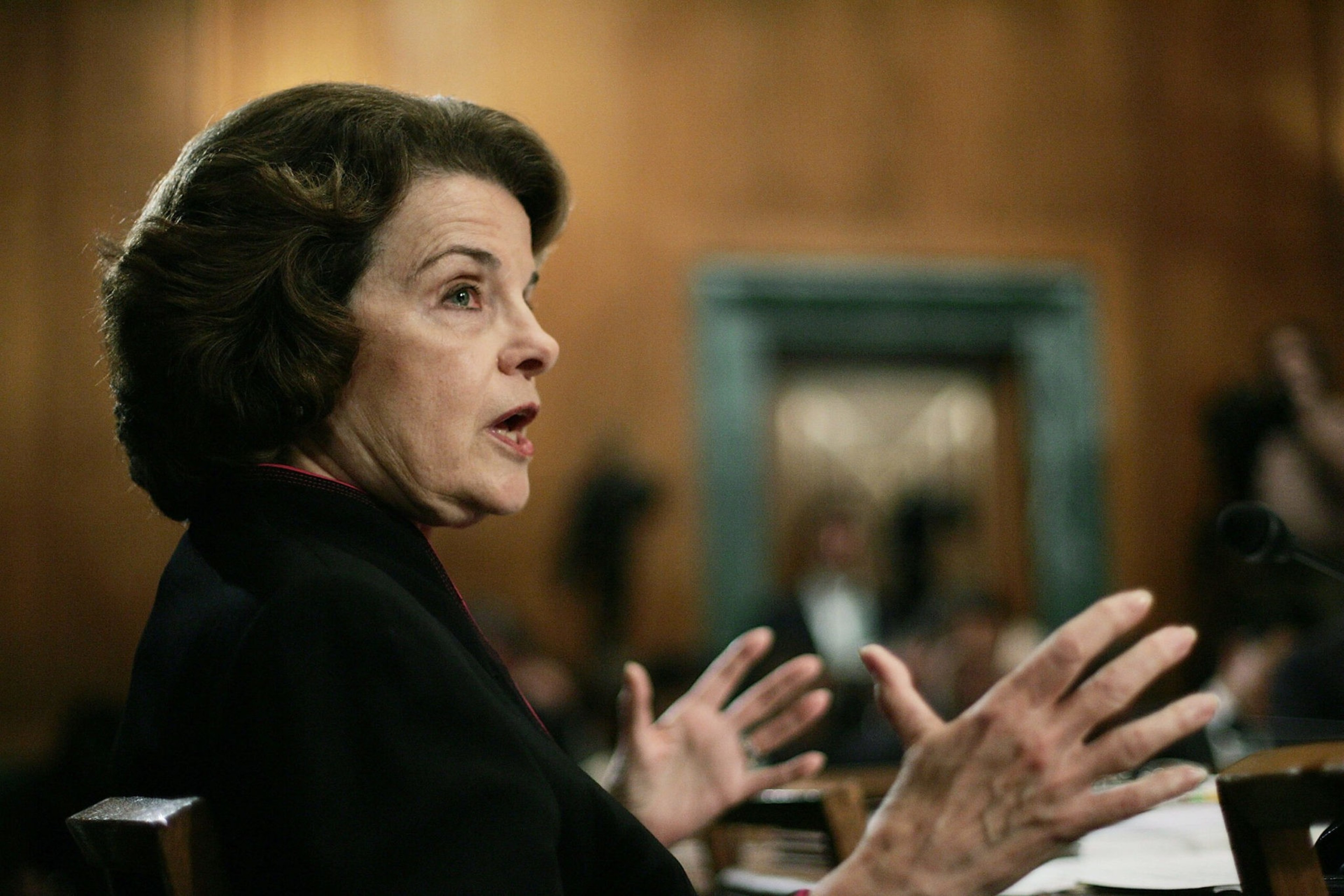 A woman with brown hair and a black outfit speaks passionately with hands raised, in a formal setting with blurred people and wood paneling in the background.