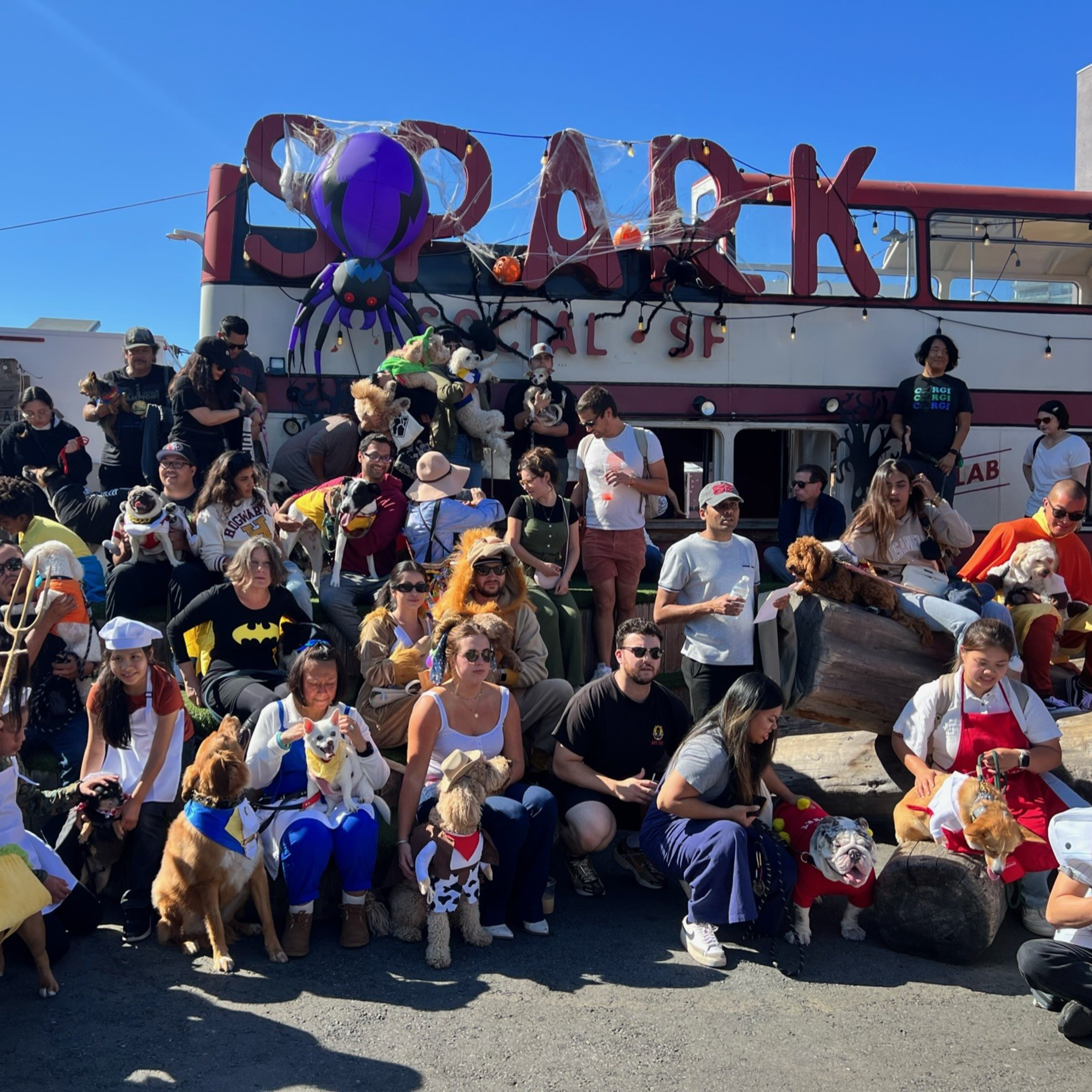A large group of people and dogs, some in costumes, gather outdoors in front of a double-decker bus with Halloween decorations, including a large spider.