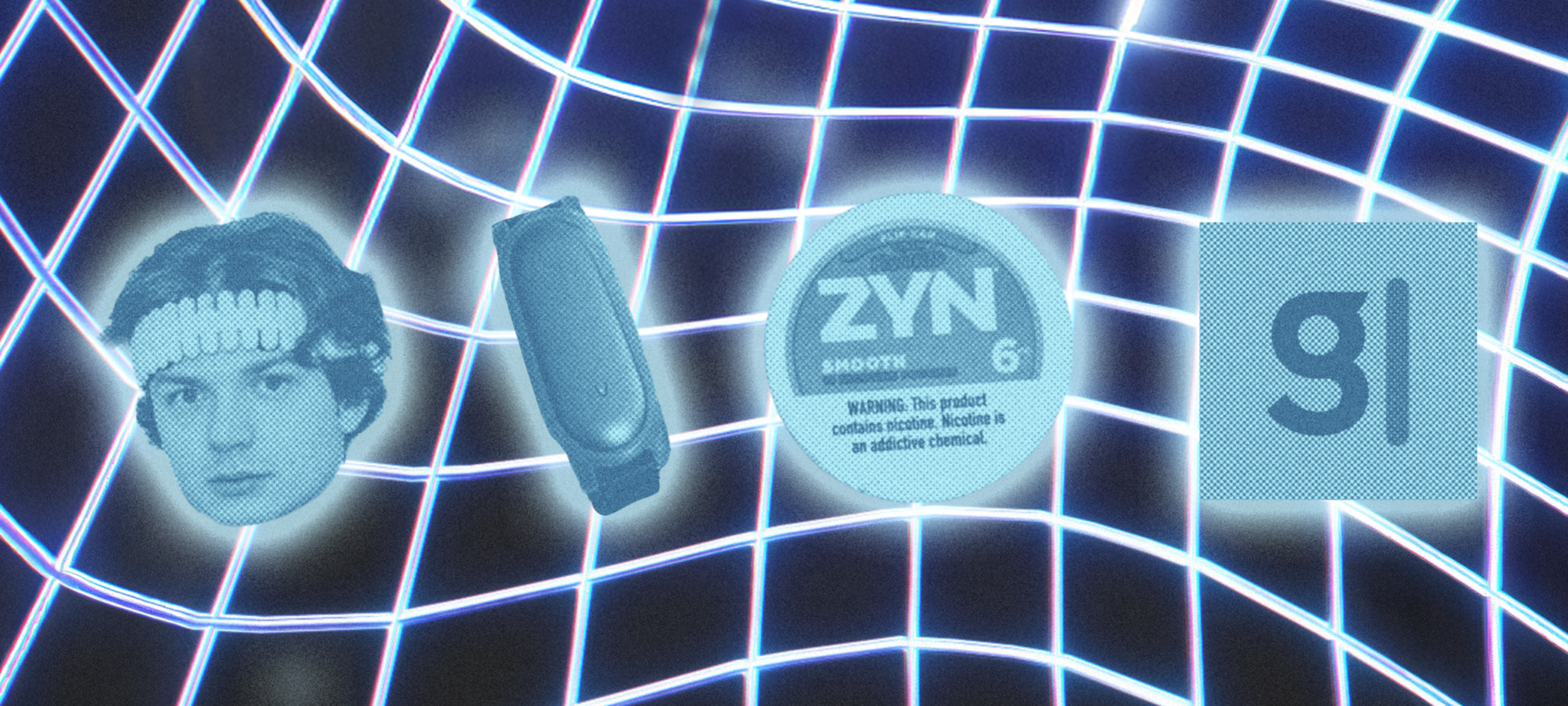 A man’s head with a headband, a vape device, a ZYN nicotine pouch can, and a lowercase “gl” logo float over a blue grid background.