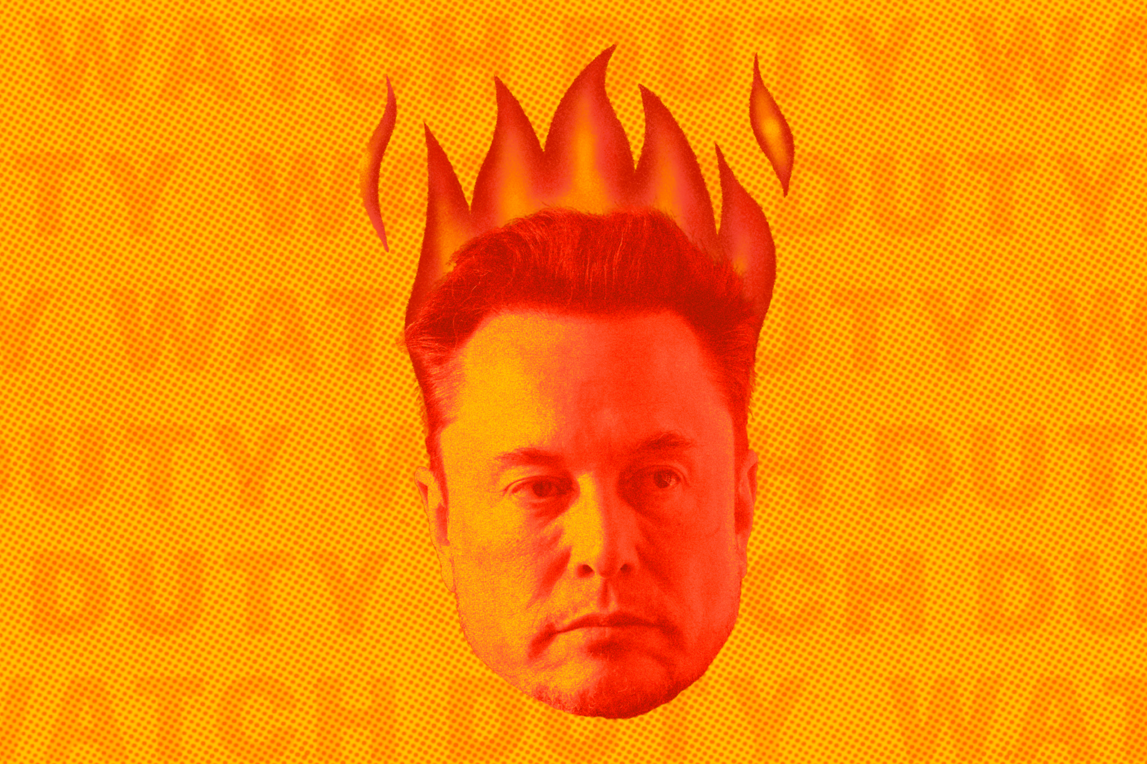 A man's face is shown with a stylized digital flame crown above his head, set against a textured yellow background with faint, repeated text.