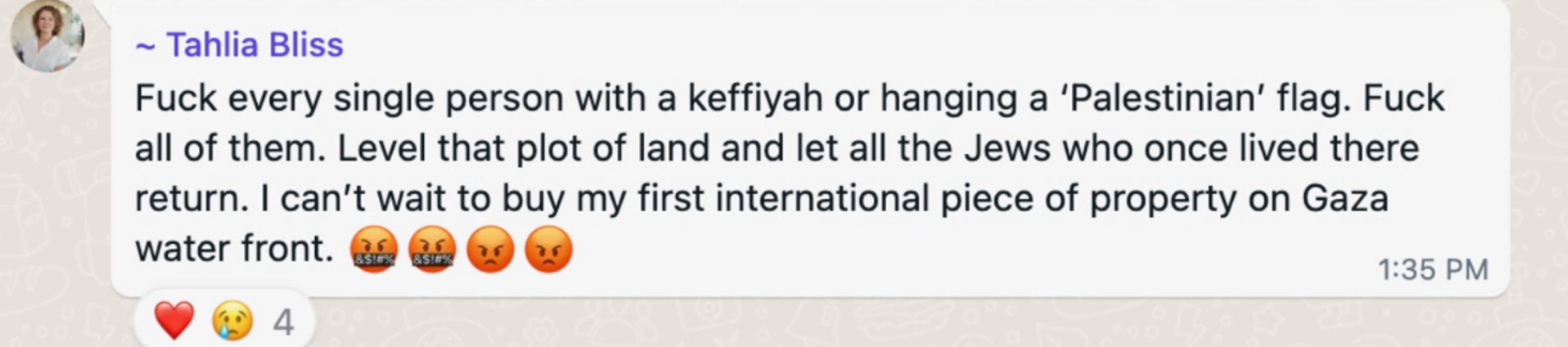 A message with hateful language targets people wearing keffiyehs or waving Palestinian flags, expressing violent wishes and a desire to buy property on Gaza waterfront.