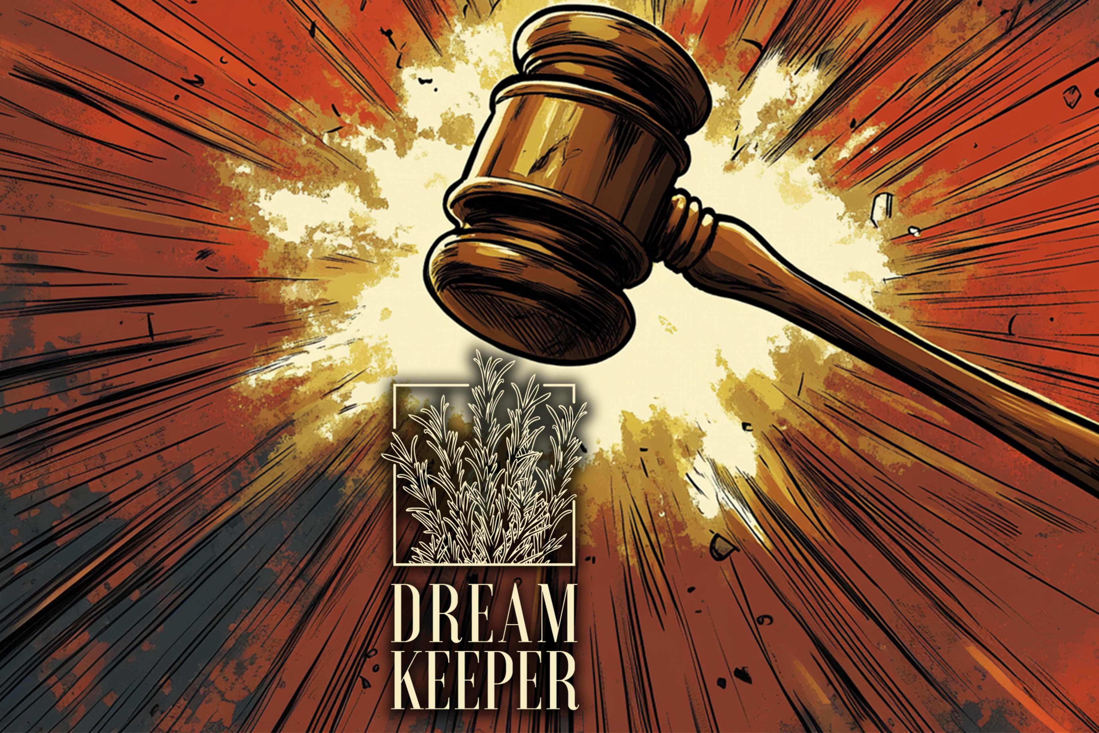 A judge's gavel strikes with a burst of golden light and red-orange streaks. Below, a plant illustration is labeled "Dream Keeper."