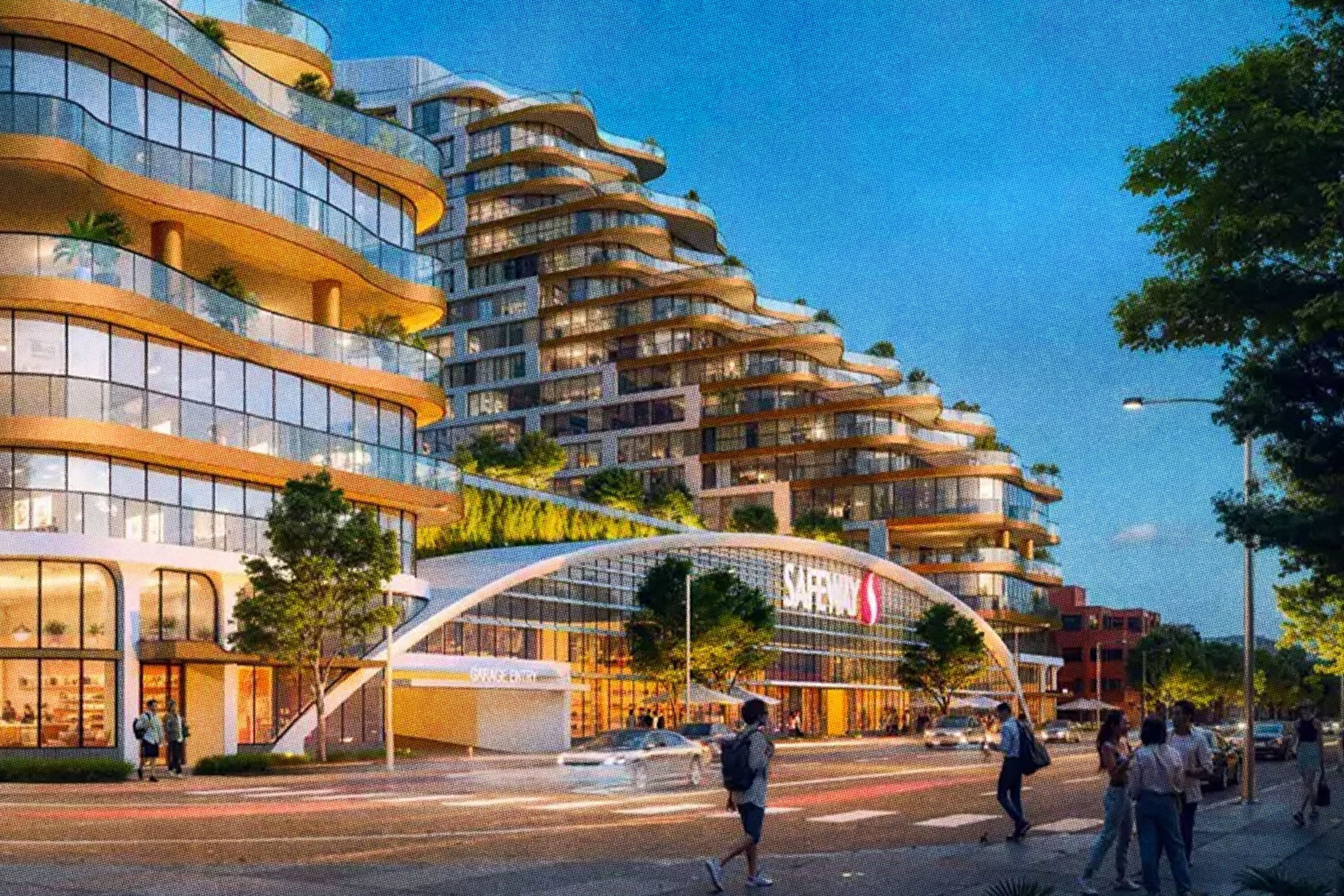 Curved modern buildings with glass balconies and greenery surround a bright urban street where people walk and cars drive at dusk.