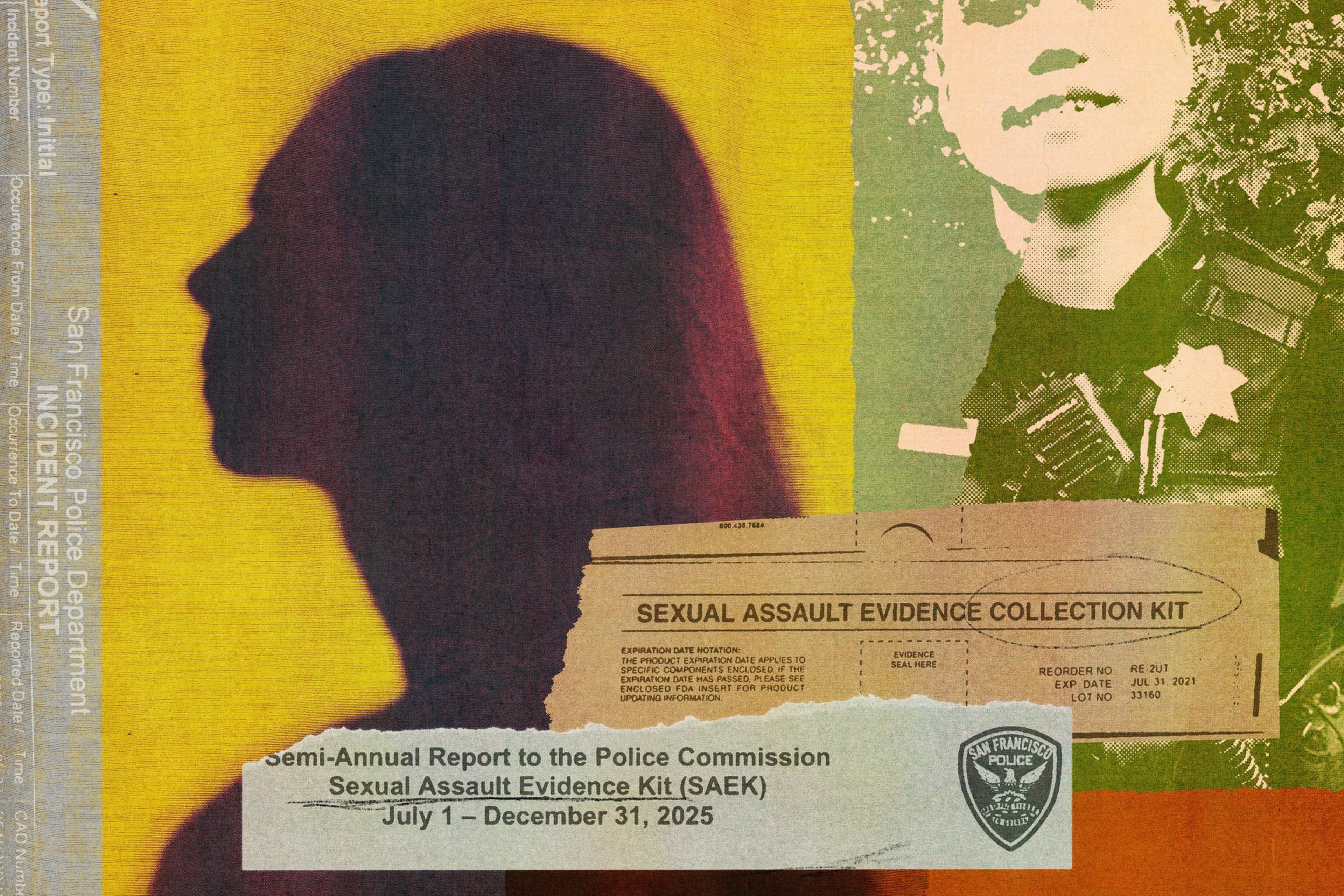 A woman’s silhouette, a man in glasses, and a torn report titled "Sexual Assault Evidence Collection Kit" from San Francisco Police Department dated 2025.