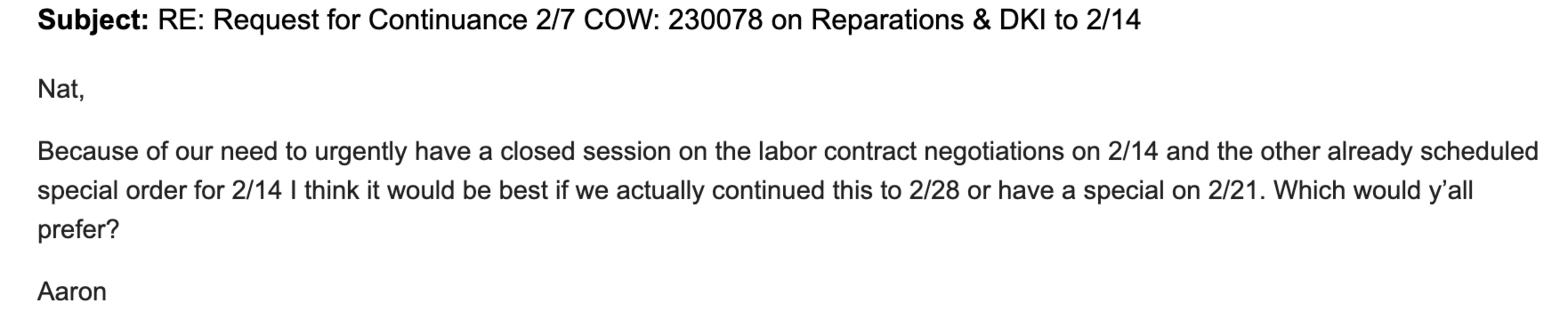 Email discussing rescheduling a labor contract negotiation session from 2/14 to either 2/28 or a special session on 2/21, signed by Aaron.