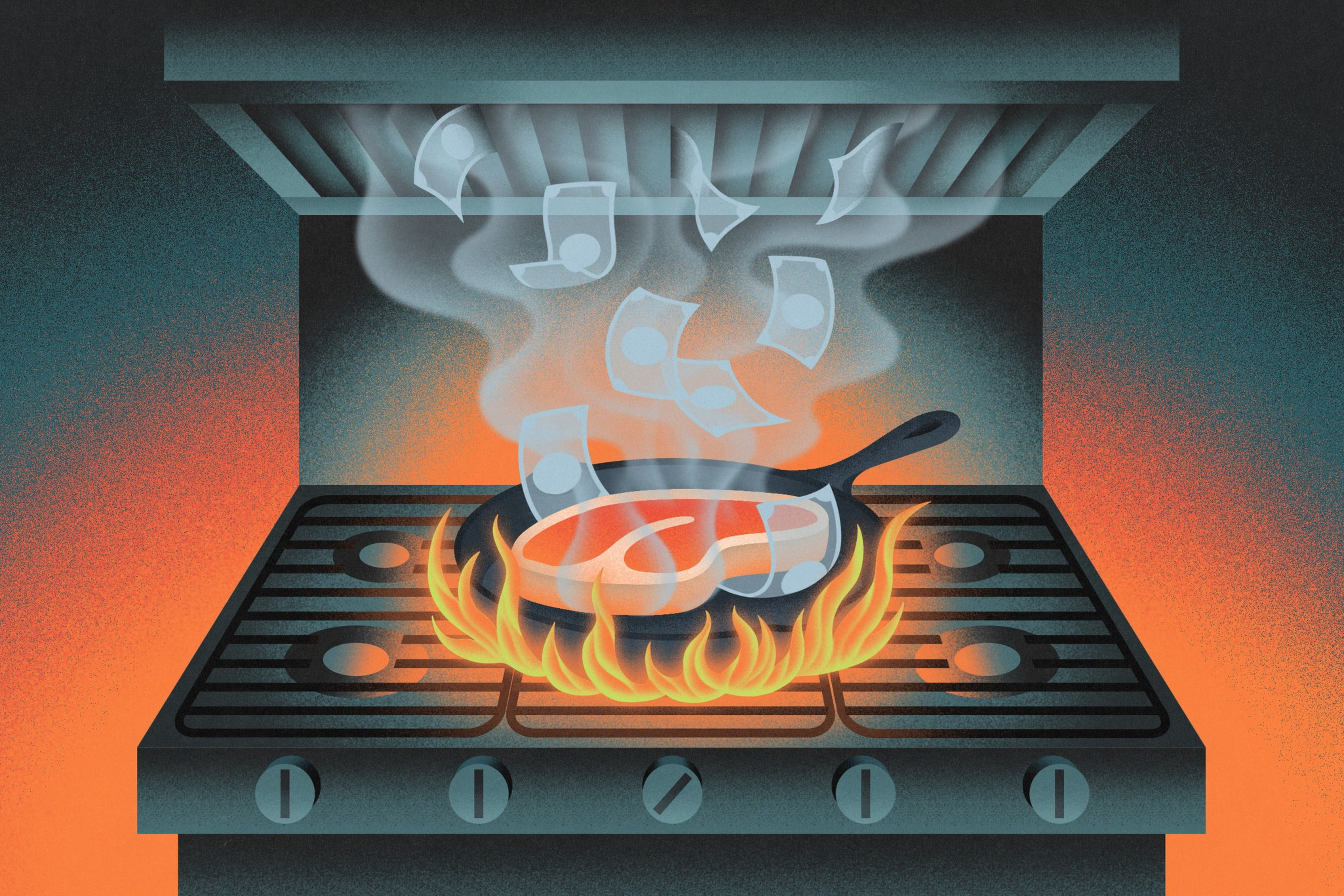 A stove with meat cooking in a pan.