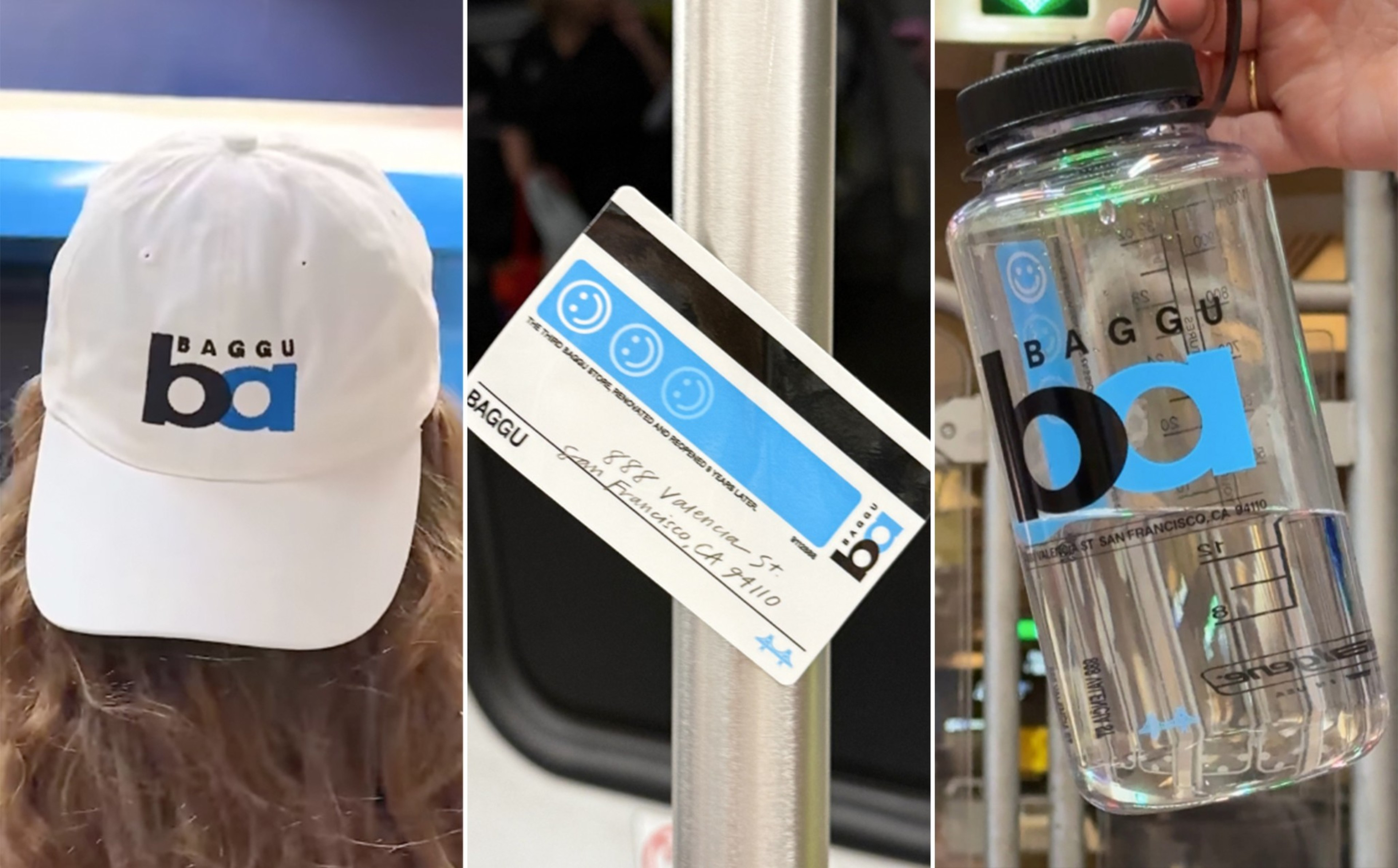 A white cap, a transit card, and a clear water bottle each display the blue and black "BAGGU ba" logo.