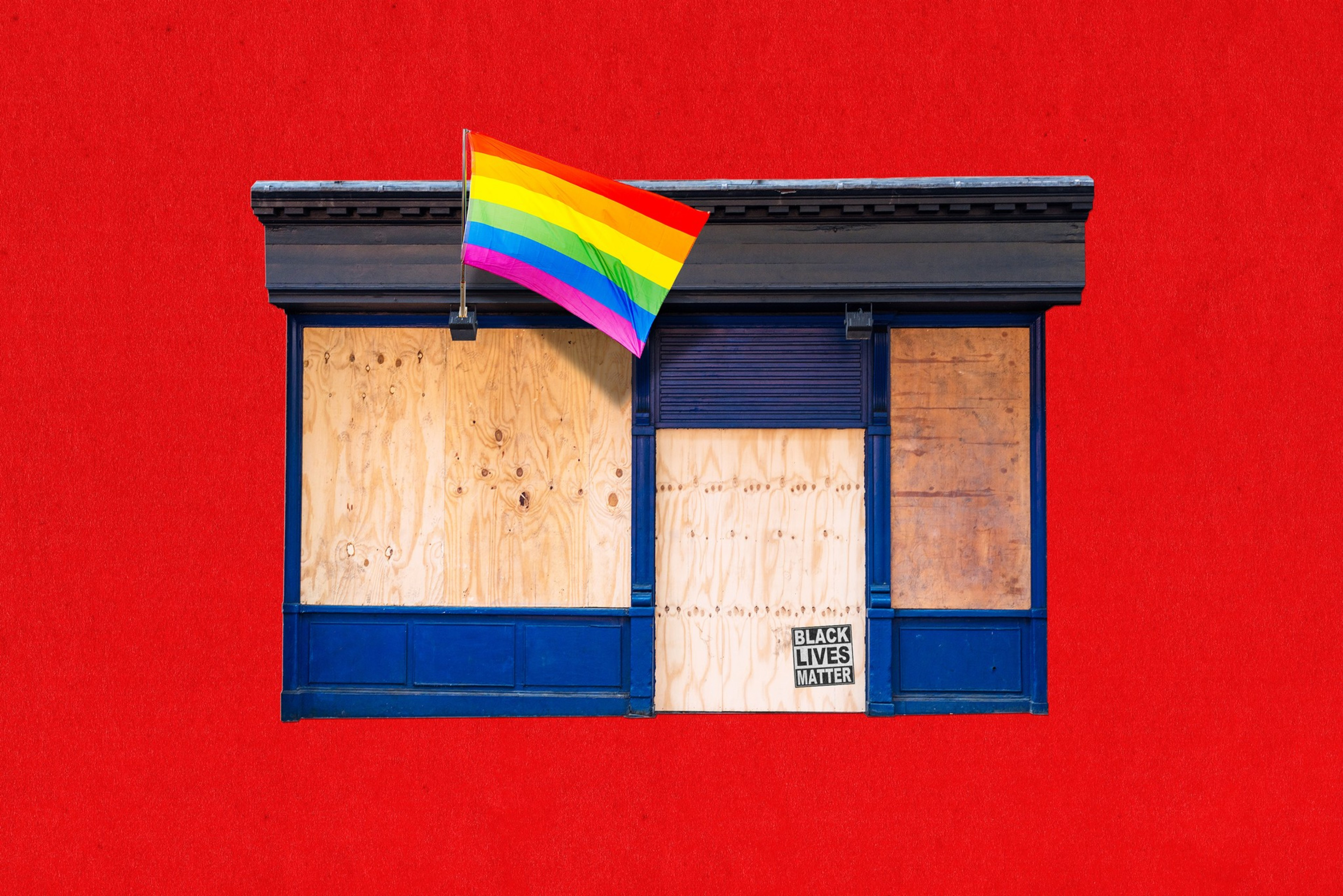 A photo illustration of a building with a rainbow flag and boarded up windows.