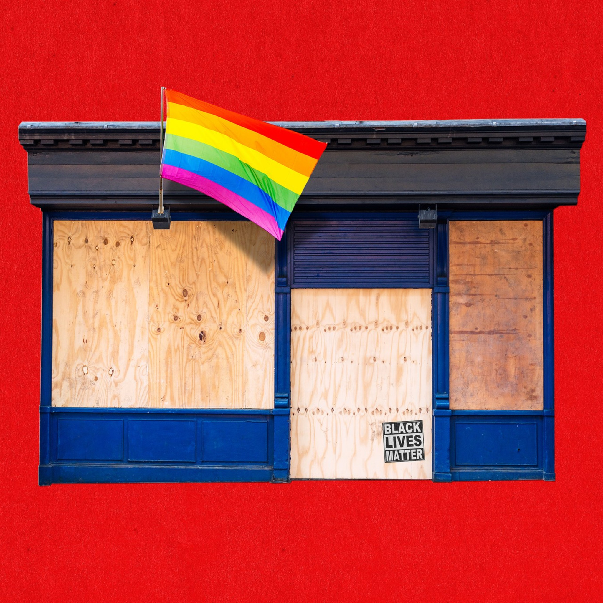 A photo illustration of a building with a rainbow flag and boarded up windows.