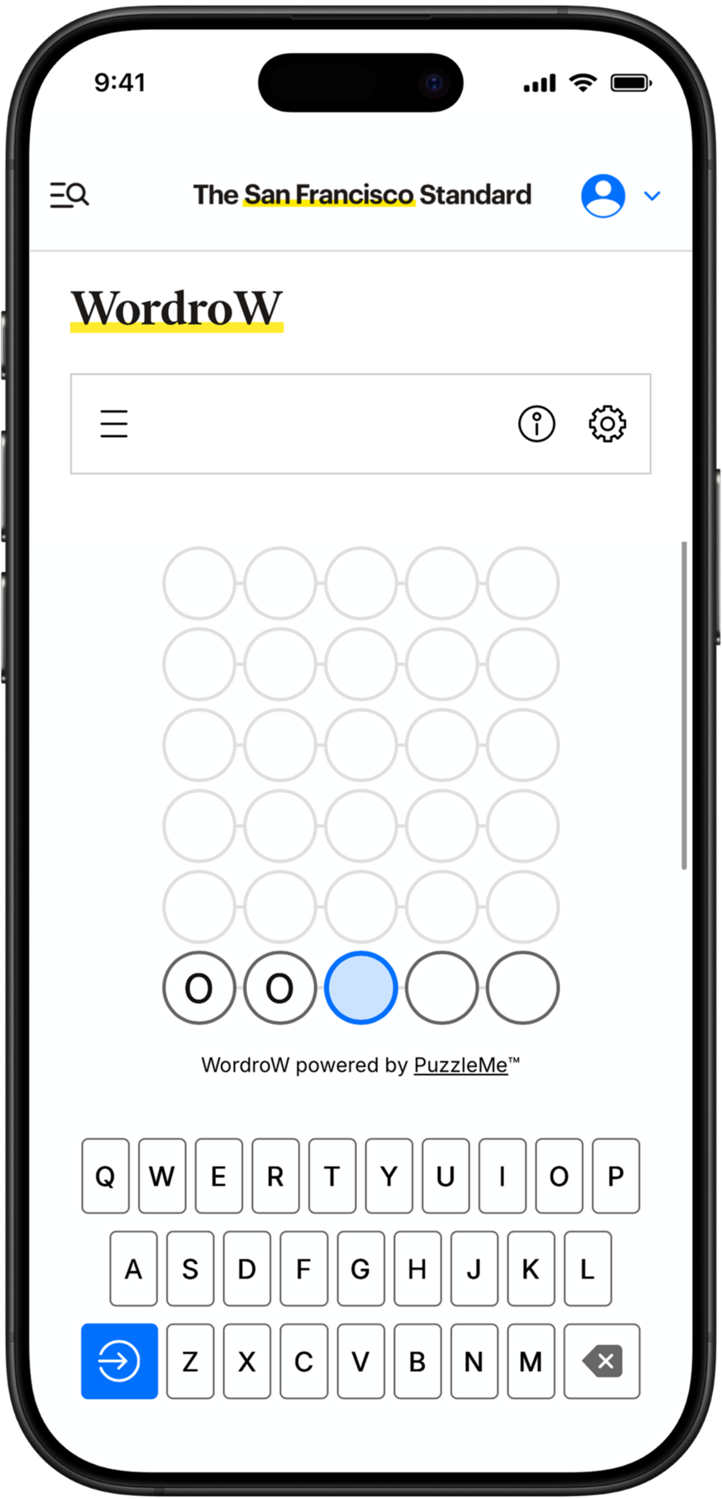 WordroW game on a phone shows a word guess row with three O’s filled, a blue circle for the next letter, and a full QWERTY keyboard below.