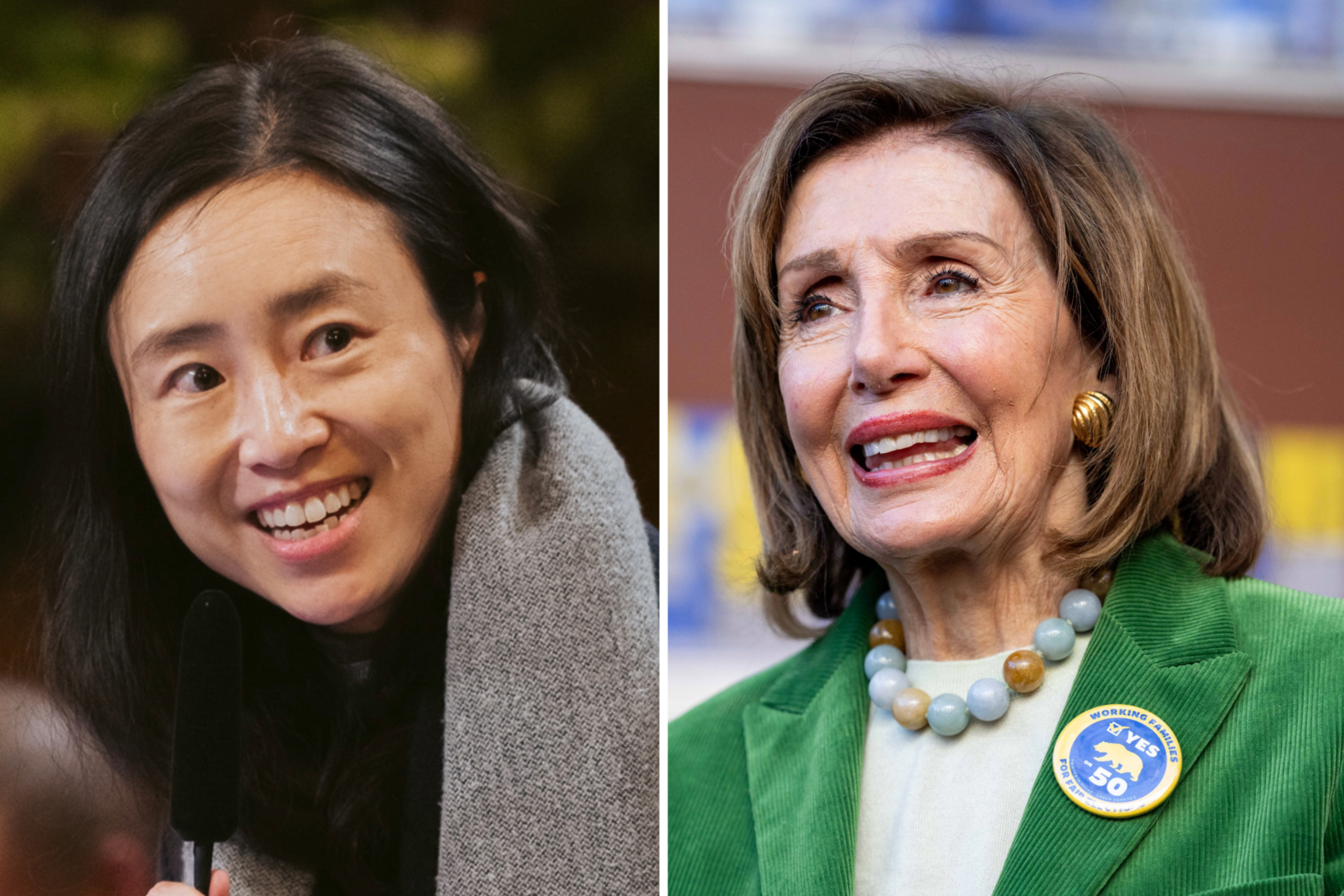 A smiling woman with long black hair wrapped in a grey shawl holds a microphone, while a second older woman with light brown hair wears a green jacket and a "Yes for 50" pin.