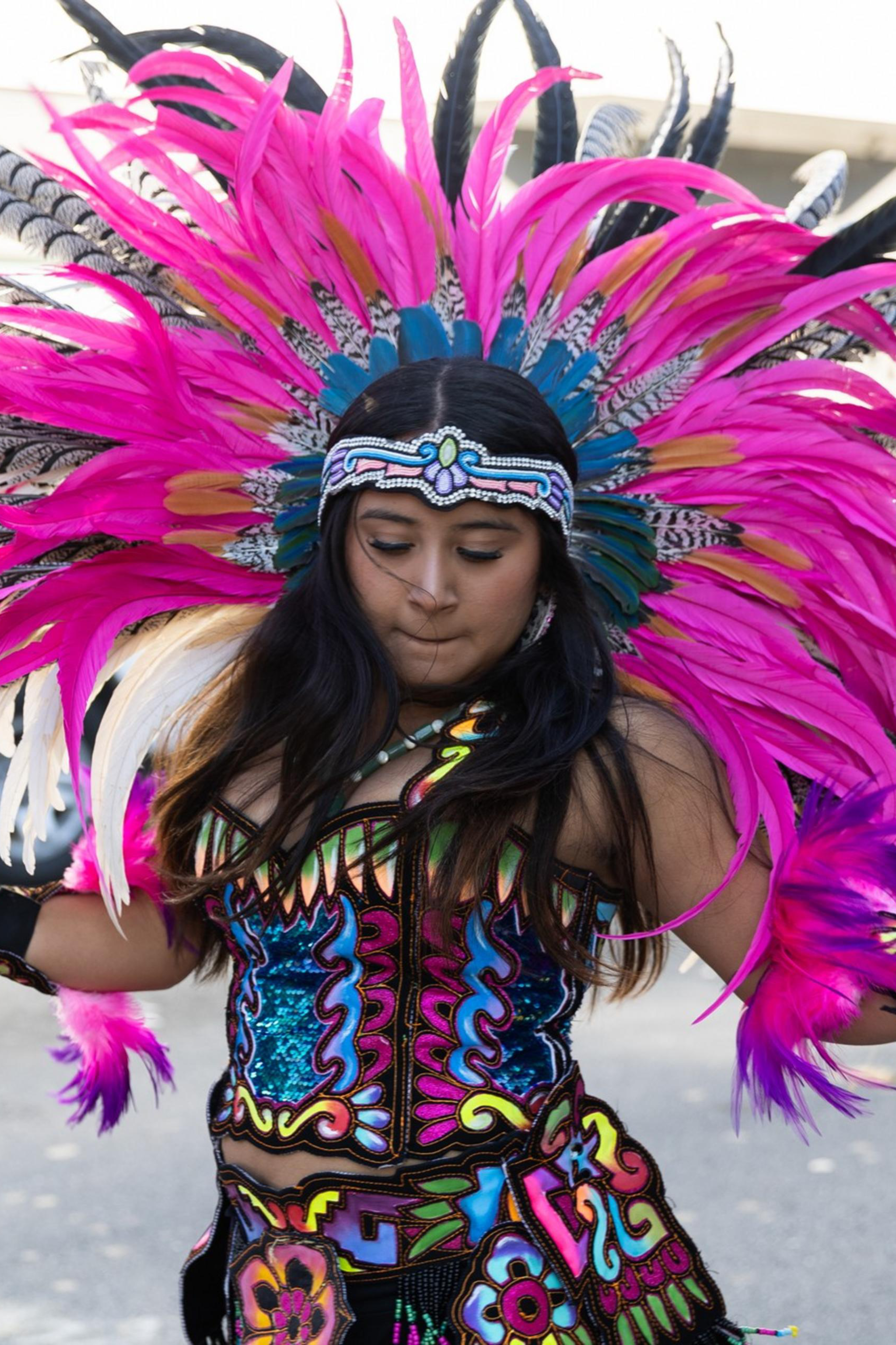 A woman dances in a vibrant costume adorned with pink and brown feathers. She holds a rattle and wears a colorful headdress during a cultural street parade.