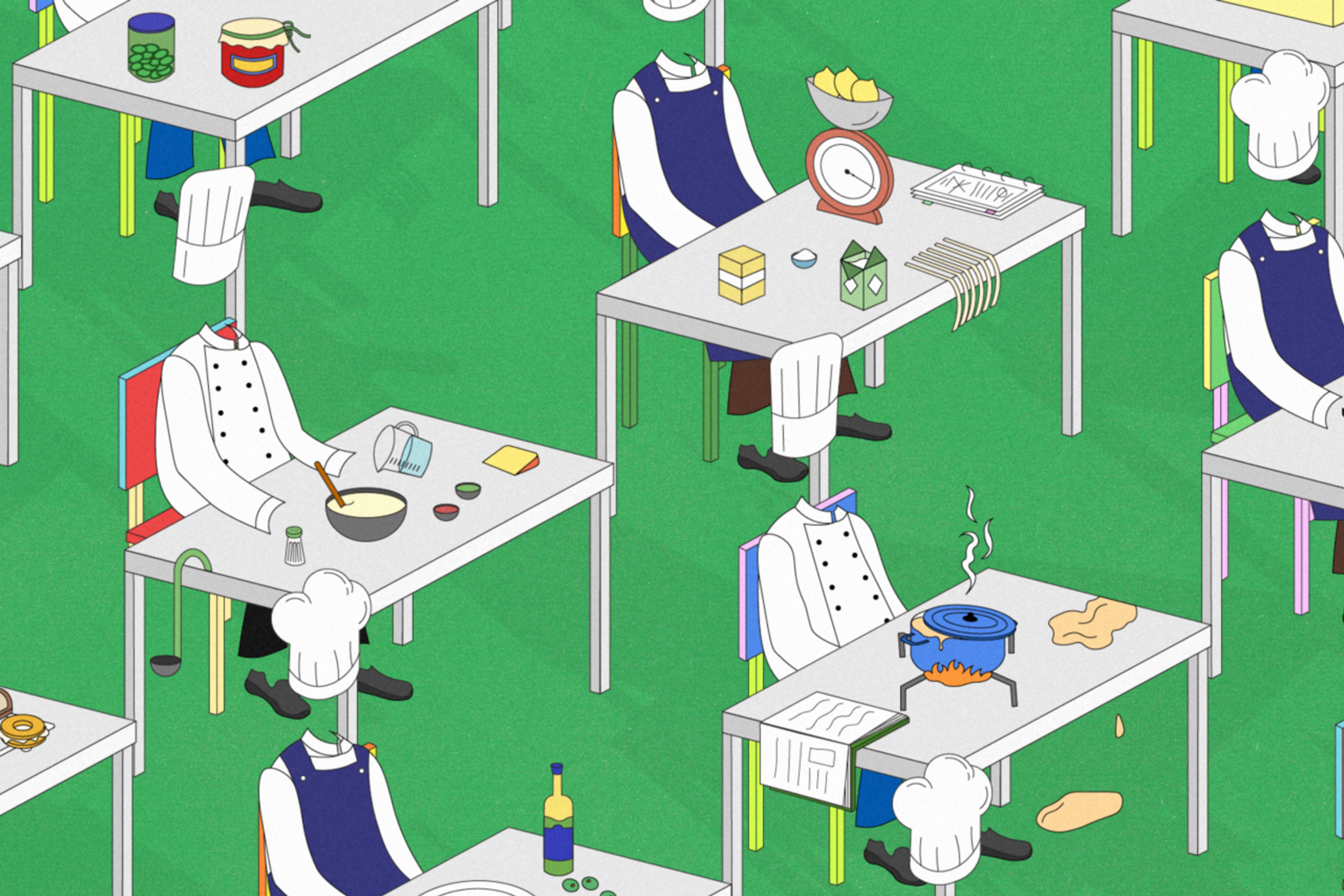 An illustration of chefs sitting at desks