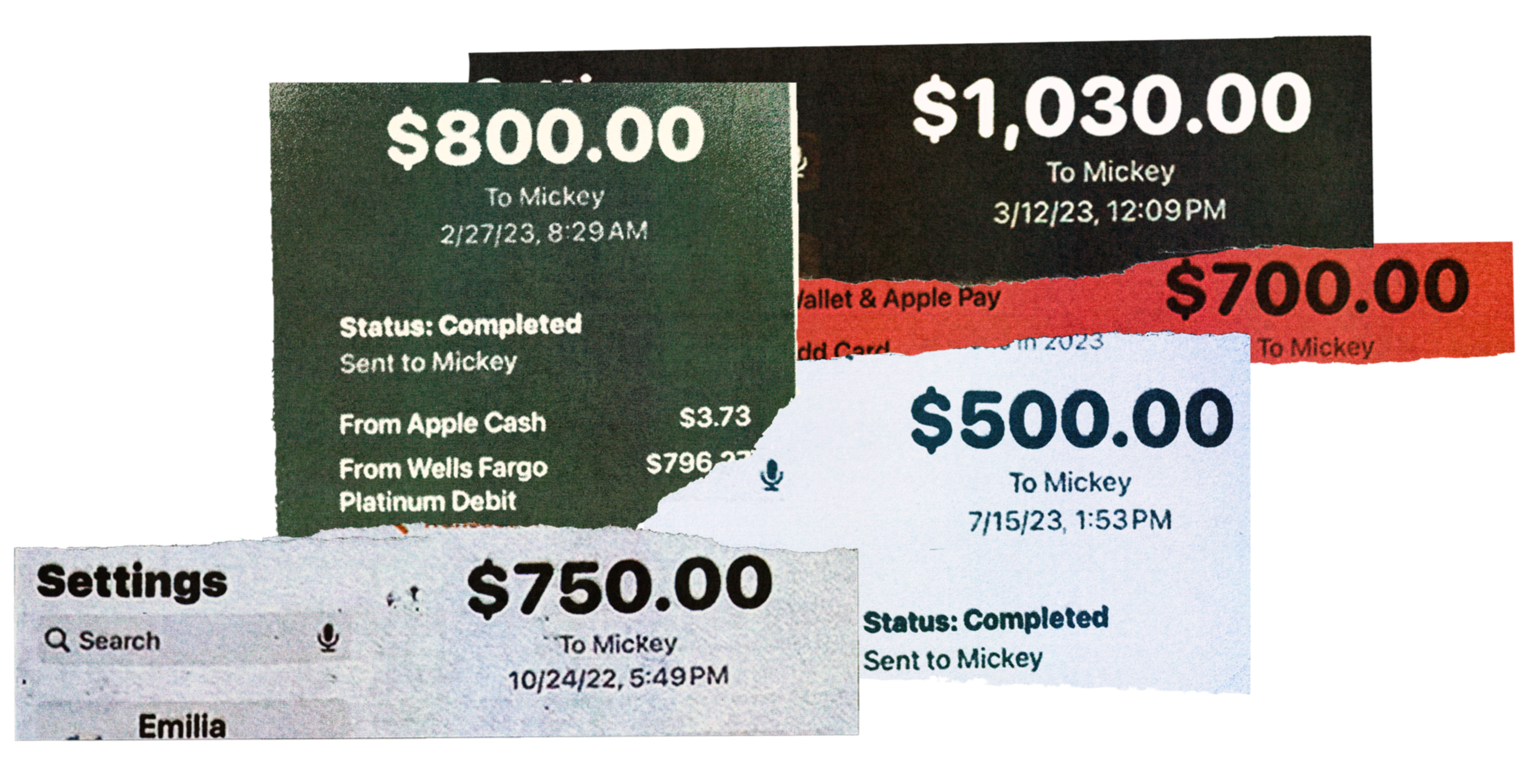 Transactions showing payments to Mickey: $800 on 2/27/23, $1,030 on 3/12/23, $750 on 10/24/22, and $500 on 7/15/23, all completed.