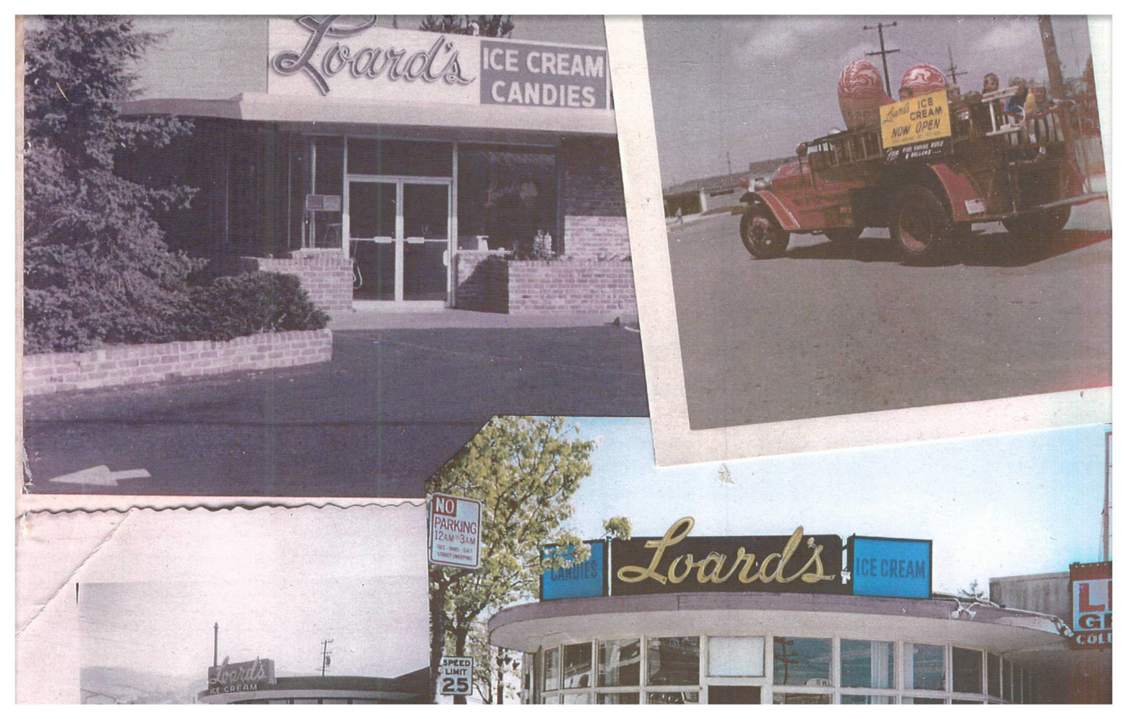 Three photos show Loard's ice cream shops and a vintage truck advertising ice cream with large ice cream cone decorations and a sign reading "Now Open."